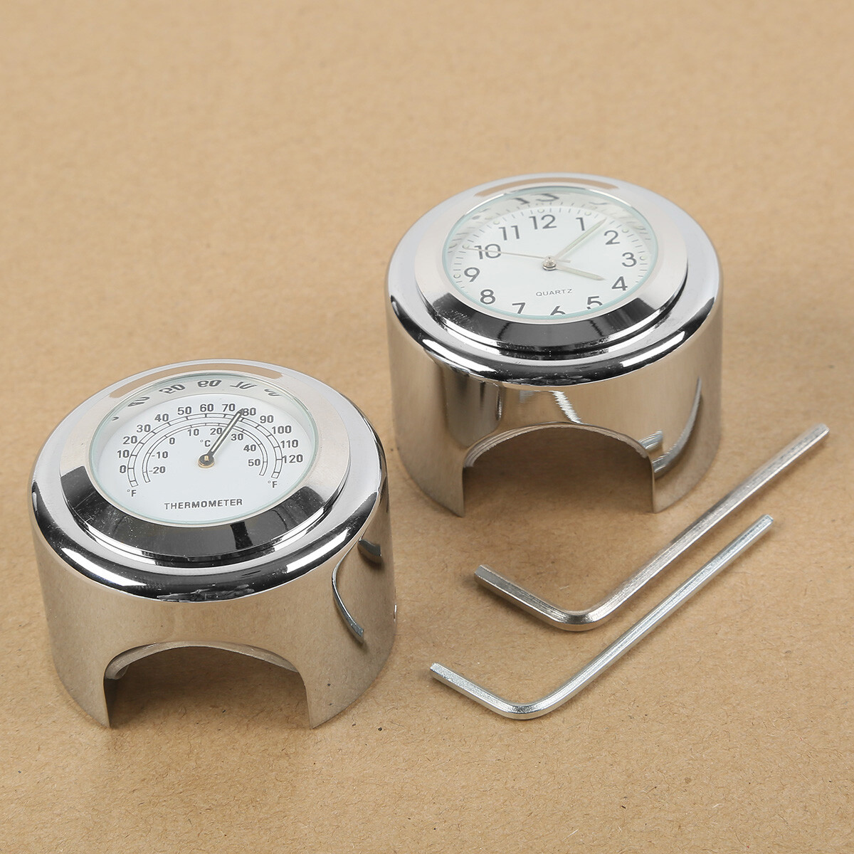 7/8'' 1'' Motorcycle Bike Handlebar Mount White Dial Clock & Thermometer Temp US