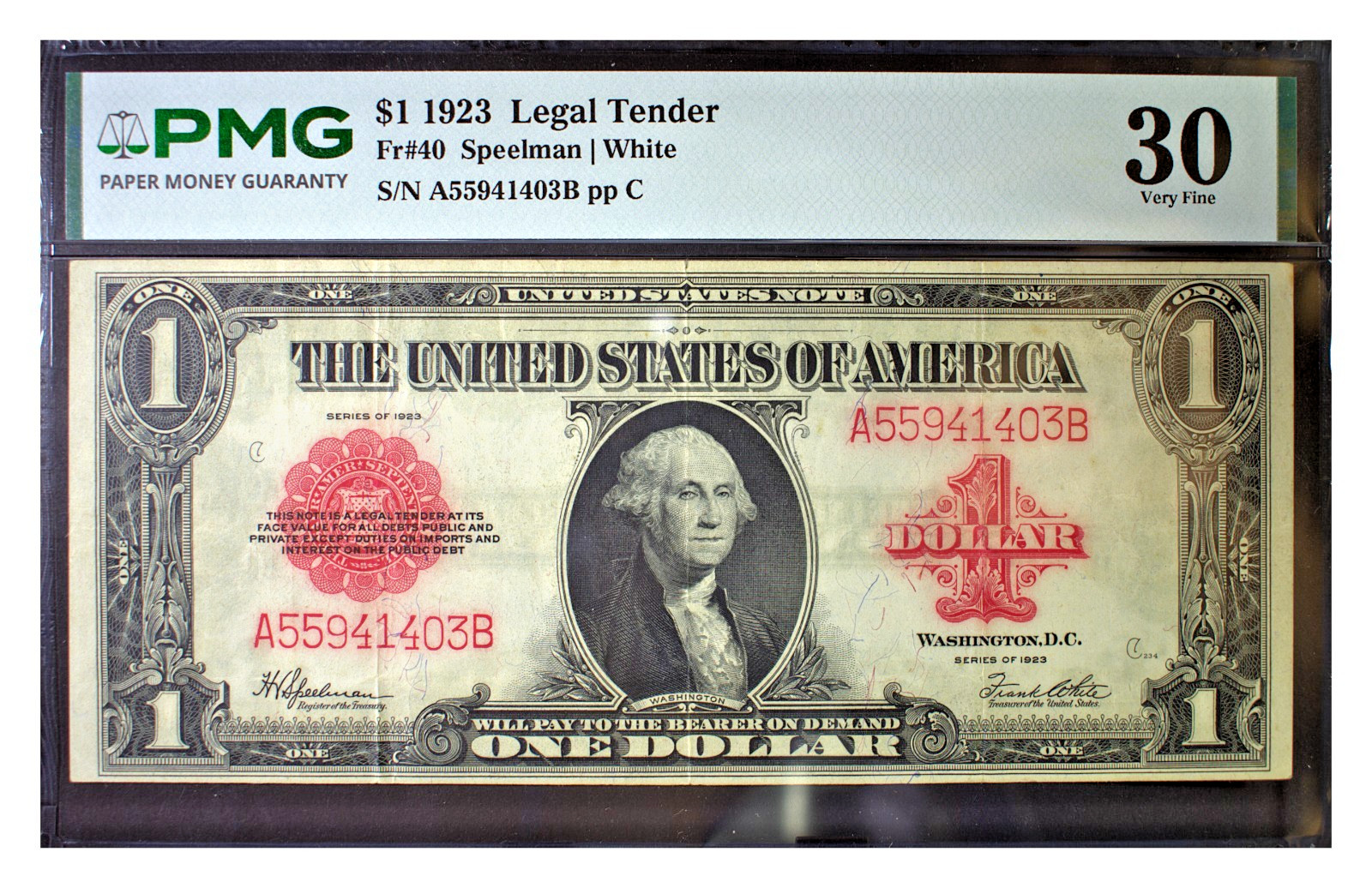 1923 US Legal Tender $1 Fr#40 PMG 30 Very Fine Detail PVC, Tears