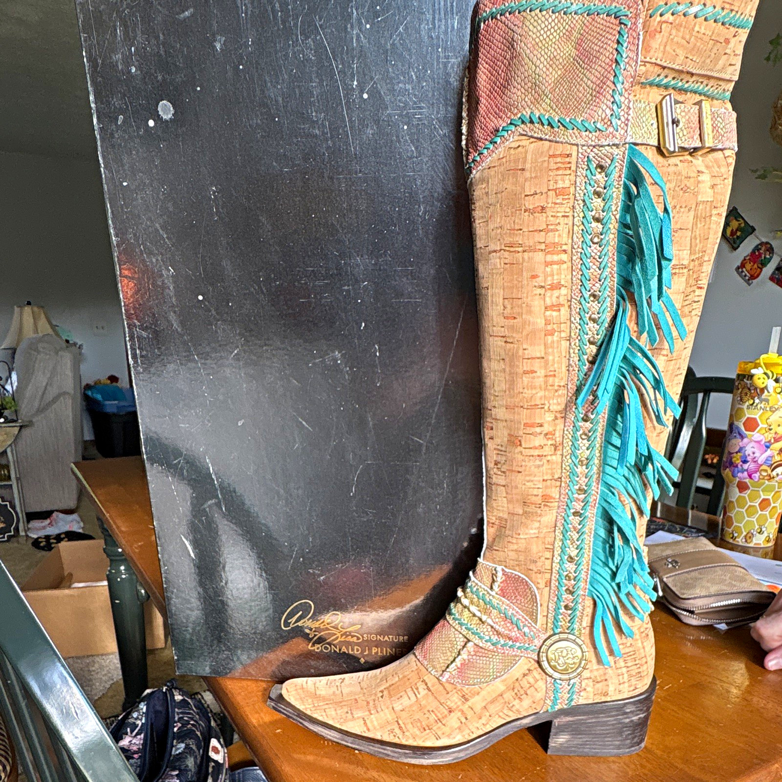 Donald J Pliner Signature Tall Western Fringe Boots Cork Look Turquoise Trim