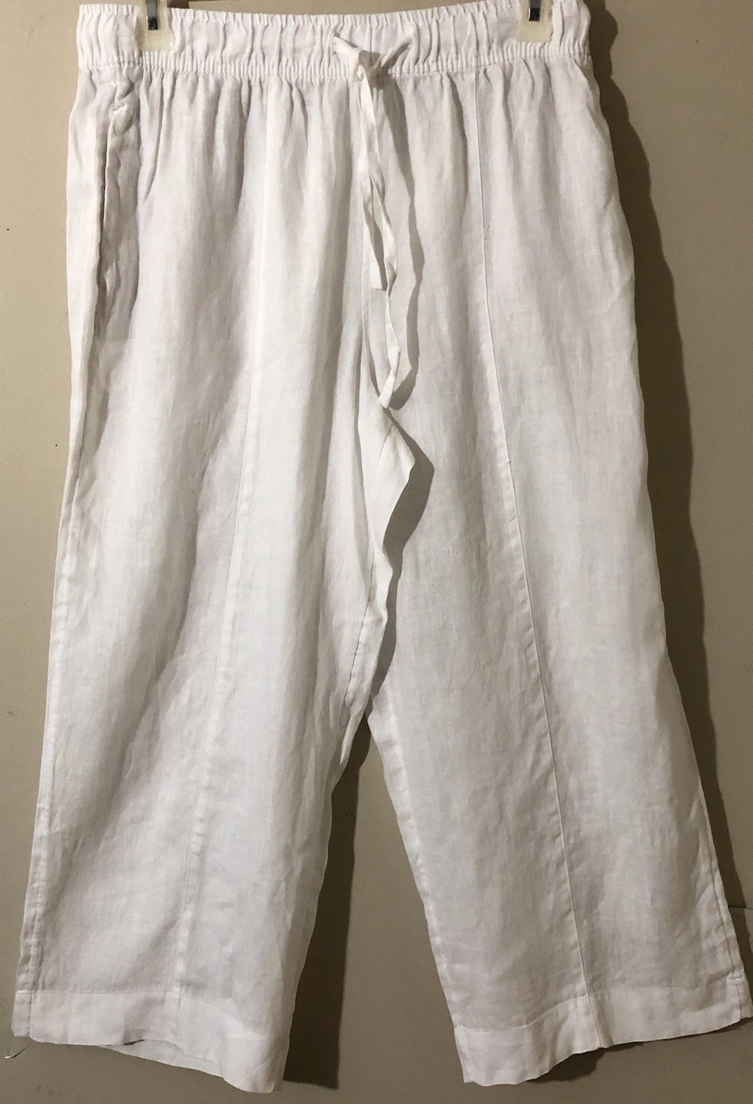 Joie Women’s Wide Leg Crop Pants 100% Linen Pockets Elastic Waist White Sz L NWT