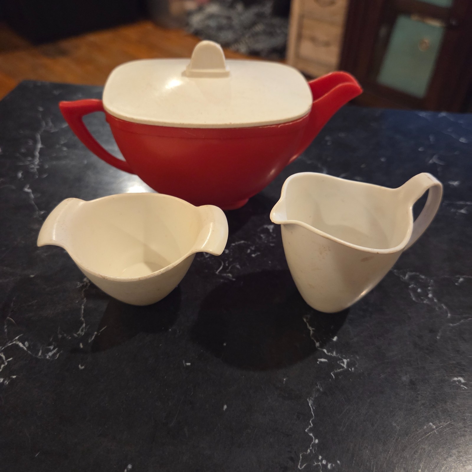 Vintage J Chein Co Red Plastic Toy Tea Pot & Cream & Sugar Set of 3 USA