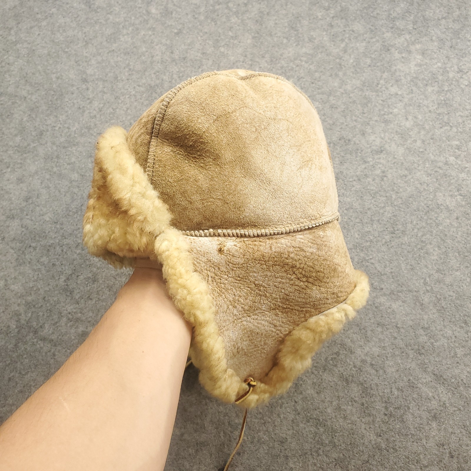 VTG Shearling Trapper Hat Sheepskin Leather Flight Bomber Ear Flaps Large