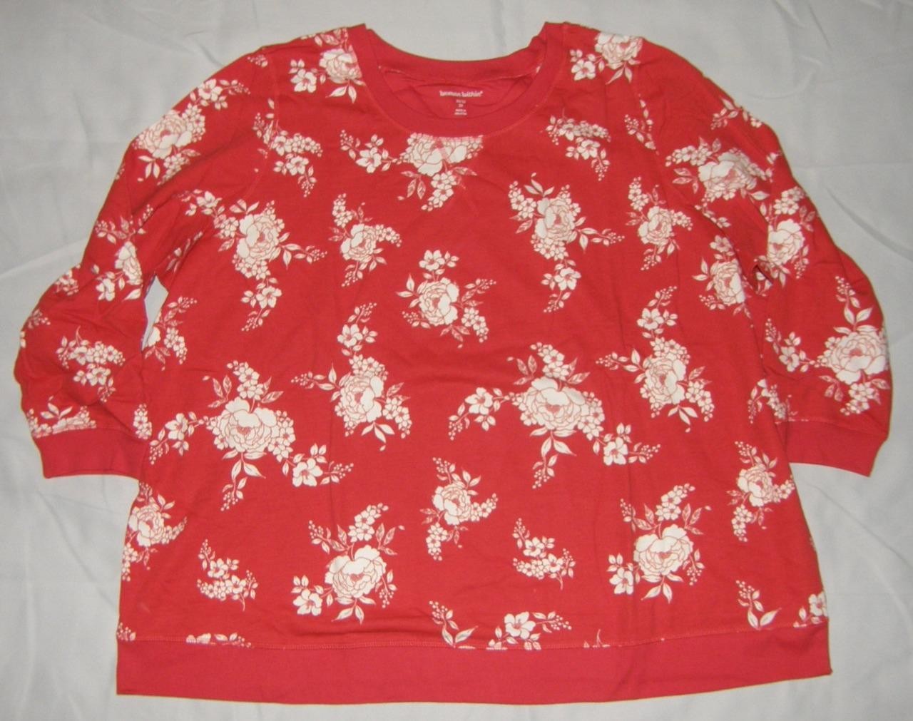 WOMAN WITHIN Bright Red Floral Plus Sz 30/32 Lightweight Comfy Sweatshirt NEW