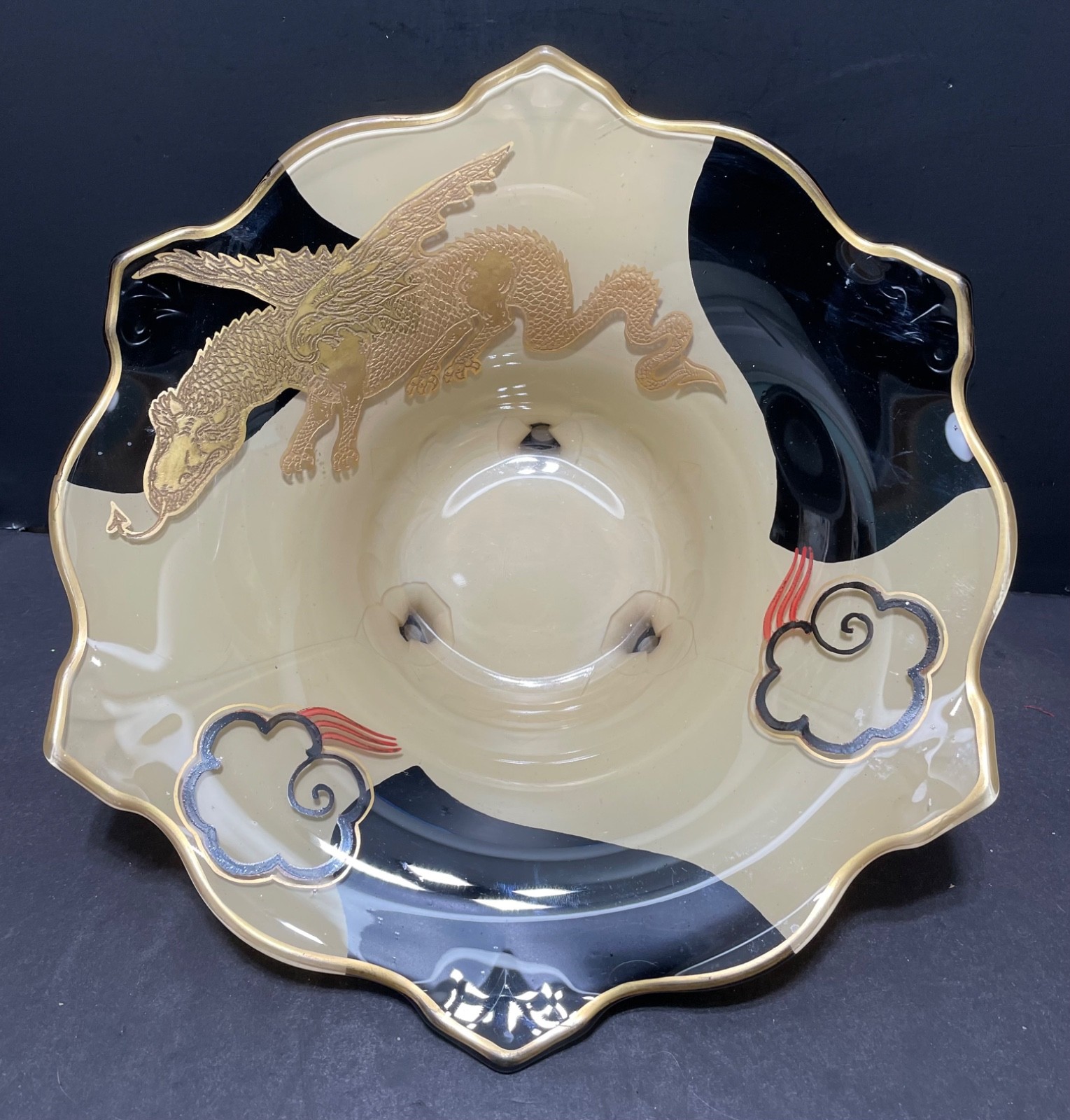RARE Indiana Glassware Glass Fleur de Lis Dragon Bowl Chinese Art Deco 1923-1933