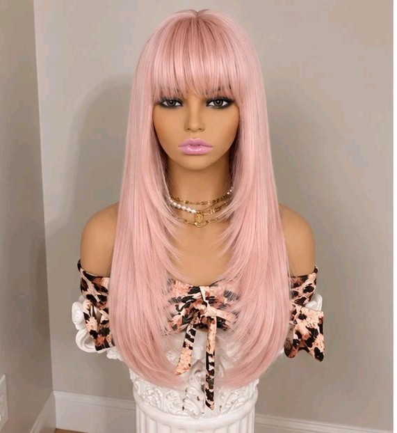 Light Pink Friday Wigs for Long Straight Layers Bangs Human Hair Blend Nicki