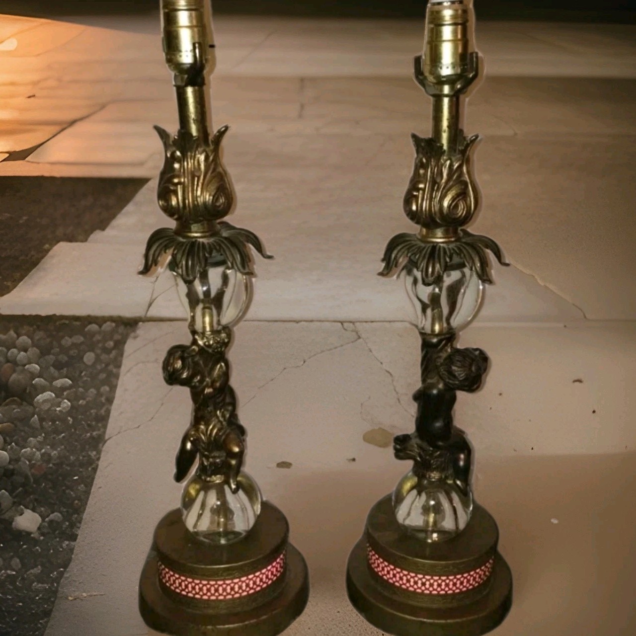 Pair Vintage Hollywood Regency Cherub Table Lamps EF Industries 1950s Brass &...