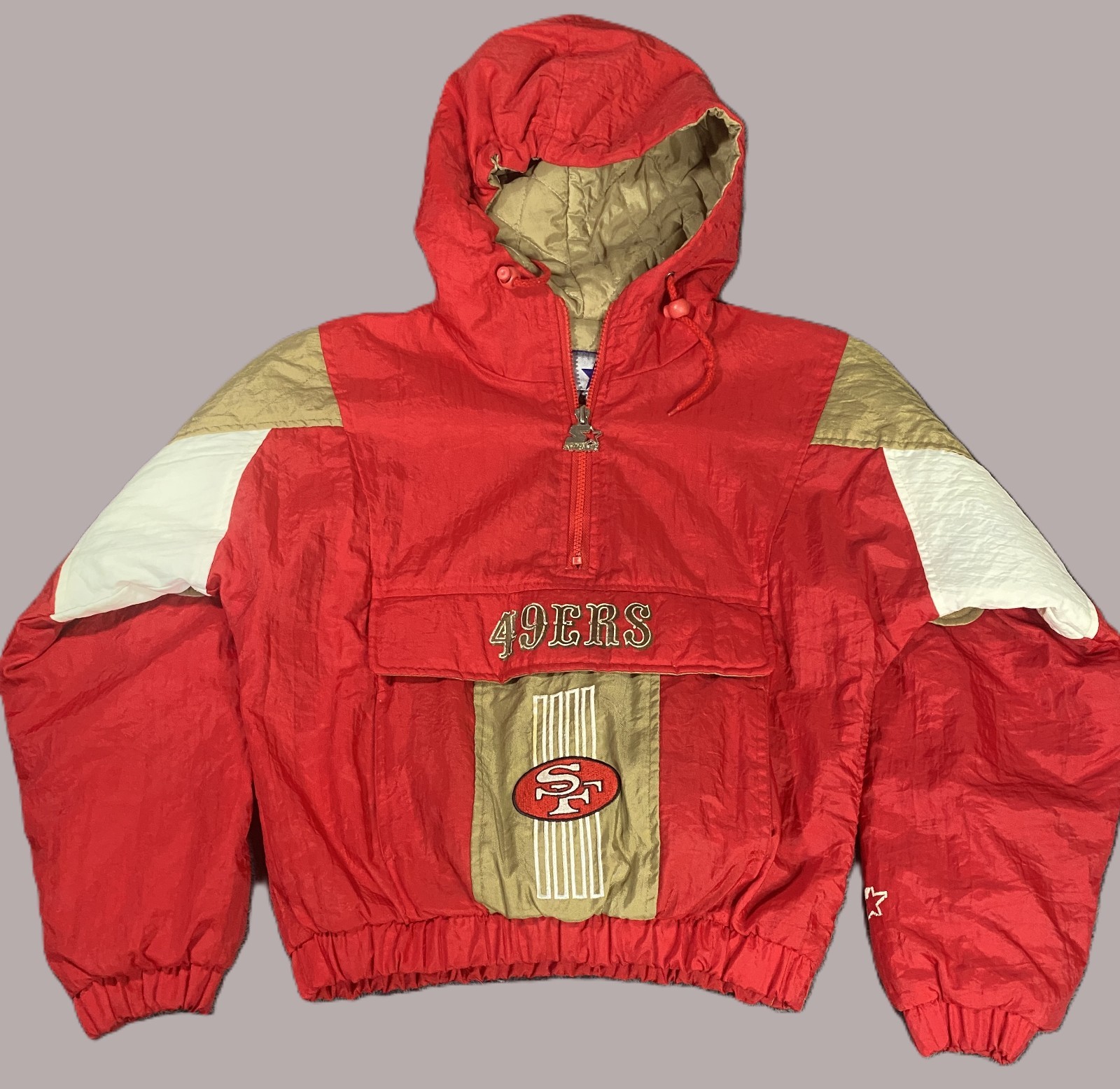 vintage 1990s mens small starter 49ers jacket with hood and elastic bottom hem vintage 1990s mens small starter 49ers jacket with hood and elastic bottom hem