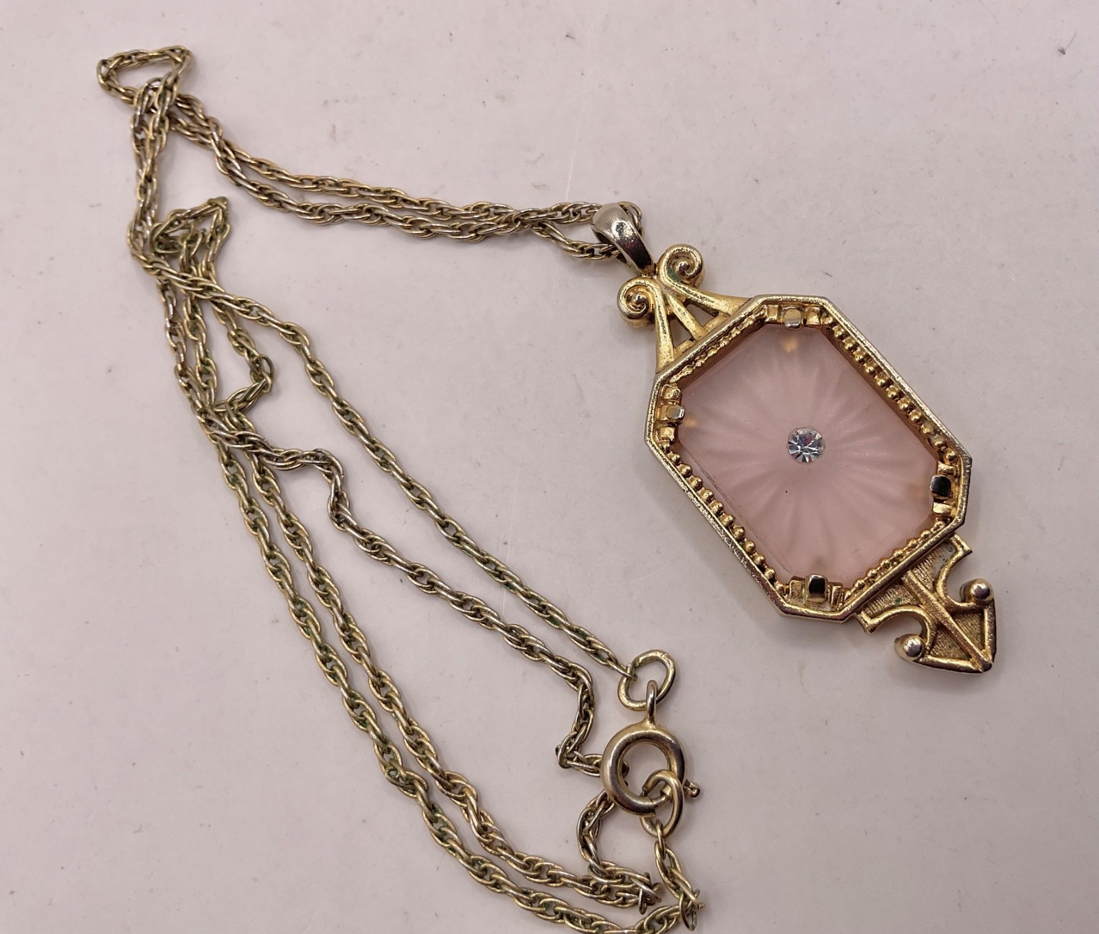LOVELY vintage Avon frosted PINK  CAMPHOR glass cz necklace