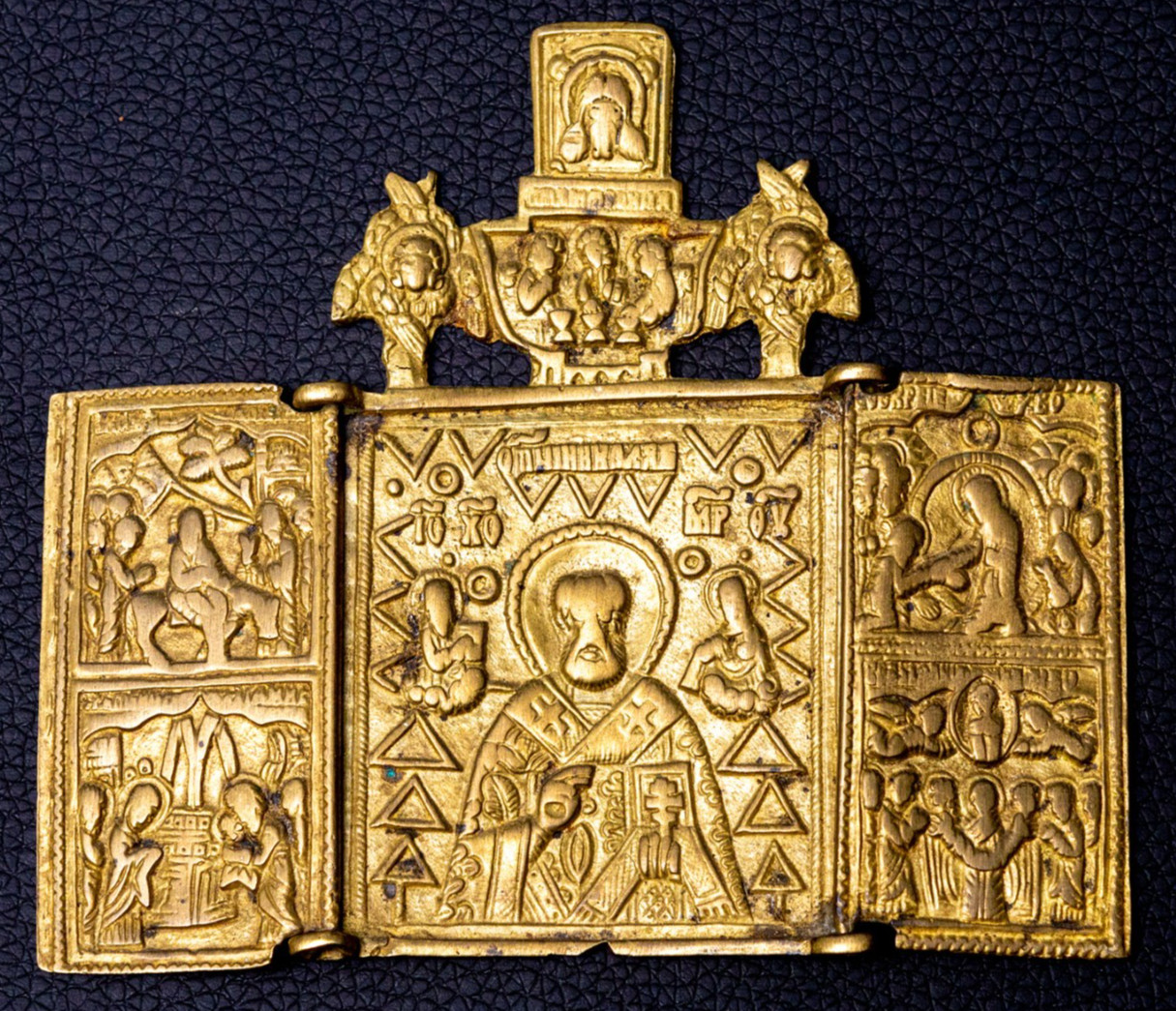19th C Russian Orthodox Bronze Folding Travel Icon St Nicholas Triptych