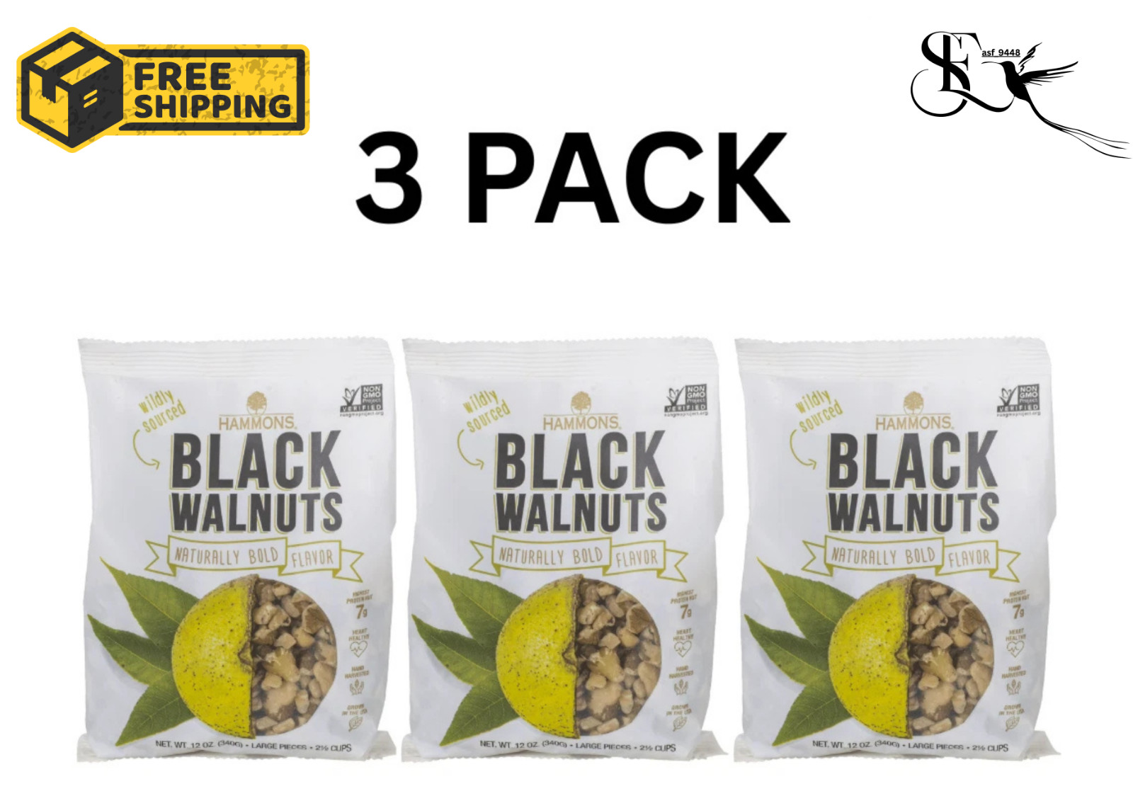 Hammons Hand Harvested Black Walnuts Large Pieces 12 oz Pack of 3