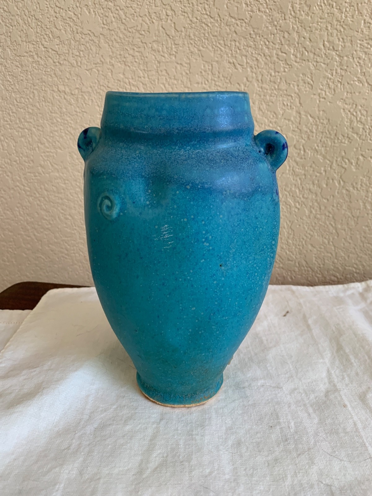 Vintage Studio Pottery Vase Turquoise Blue Mottled Glaze Urn Vase Lug Handles