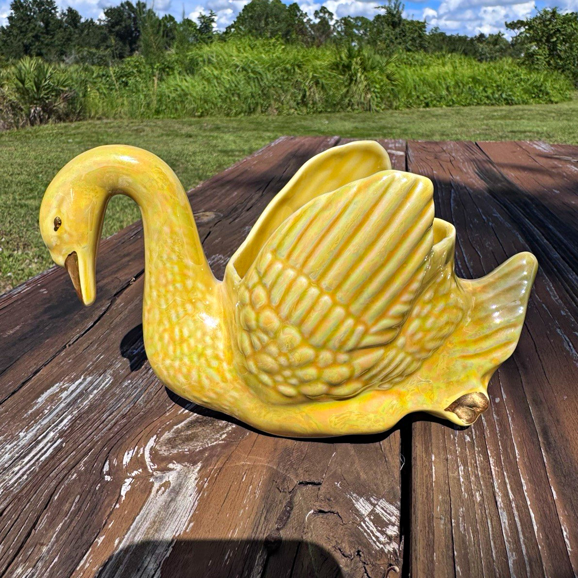 Vintage Yellow Iridescent Lusterware Ceramic Swan Planter Vase Mid Century Decor Vintage Yellow Iridescent Lusterware Ceramic Swan Planter Vase Mid Century Decor