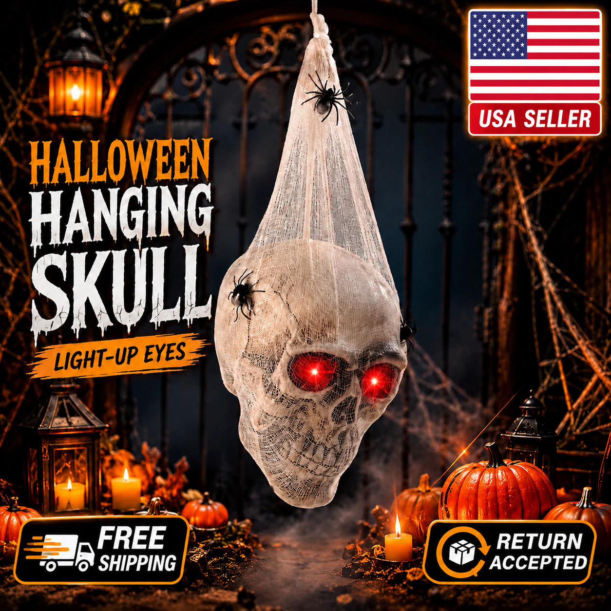 Halloween Hanging Skull with Glowing Eyes and Spider Web Scary Decoration USA Halloween Hanging Skull with Glowing Eyes and Spider Web Scary Decoration USA