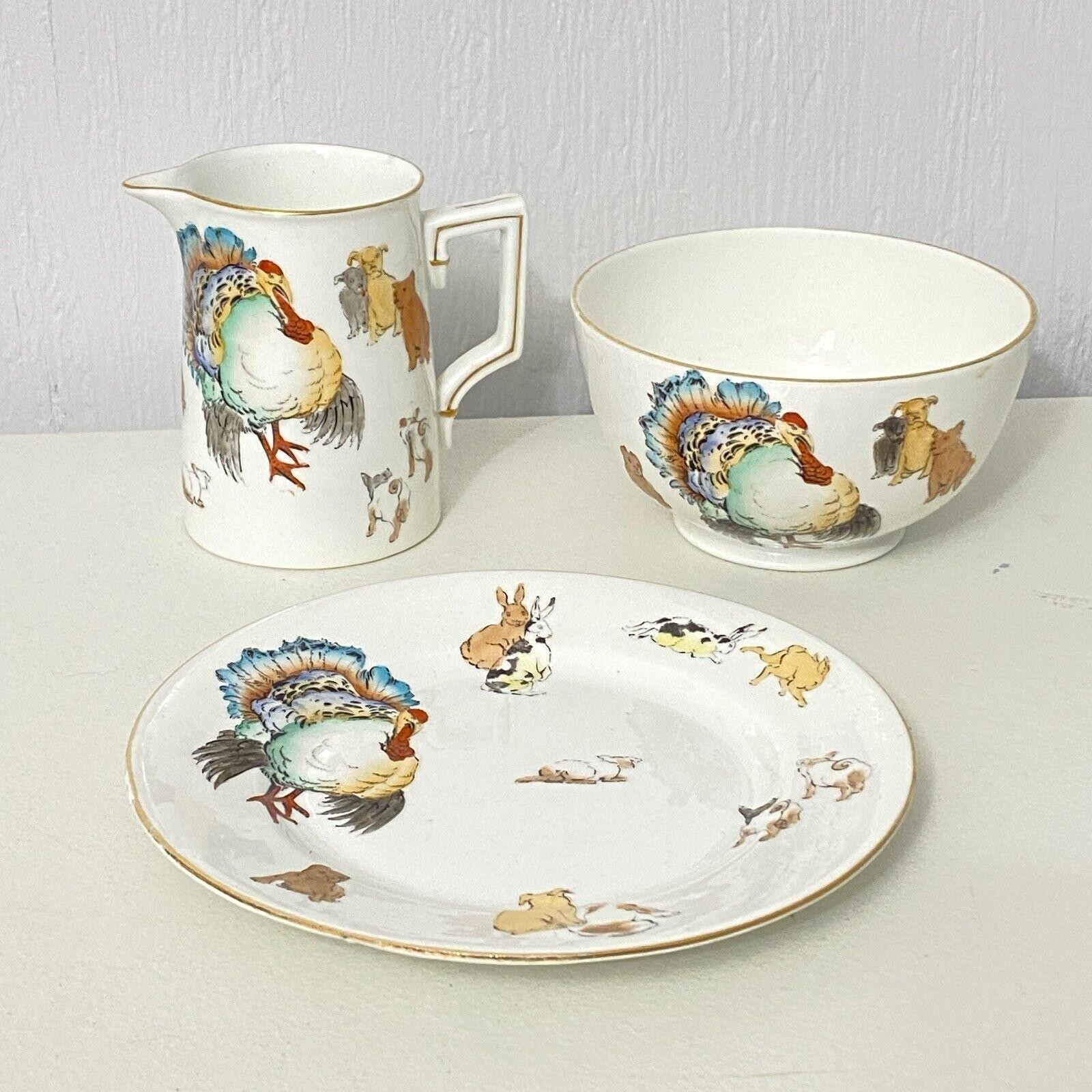 SHELLEY Extremely Rare Cream Pitcher Bowl Plate Animals Turkey Dogs RD364153