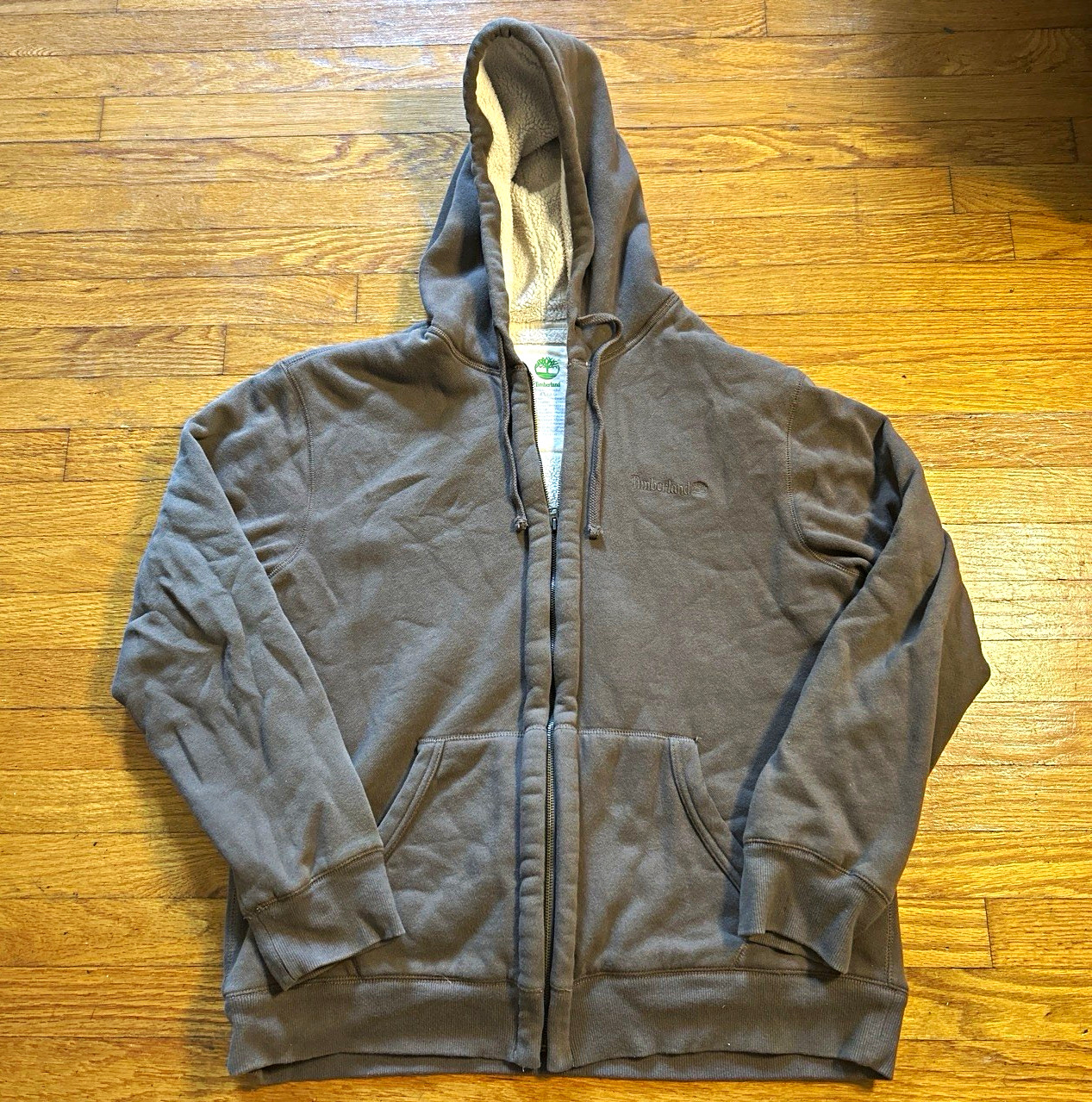 Y2K Timberland Full Zip Sherpa Lined Hoodie Brown Pockets Solid Mens Size XL