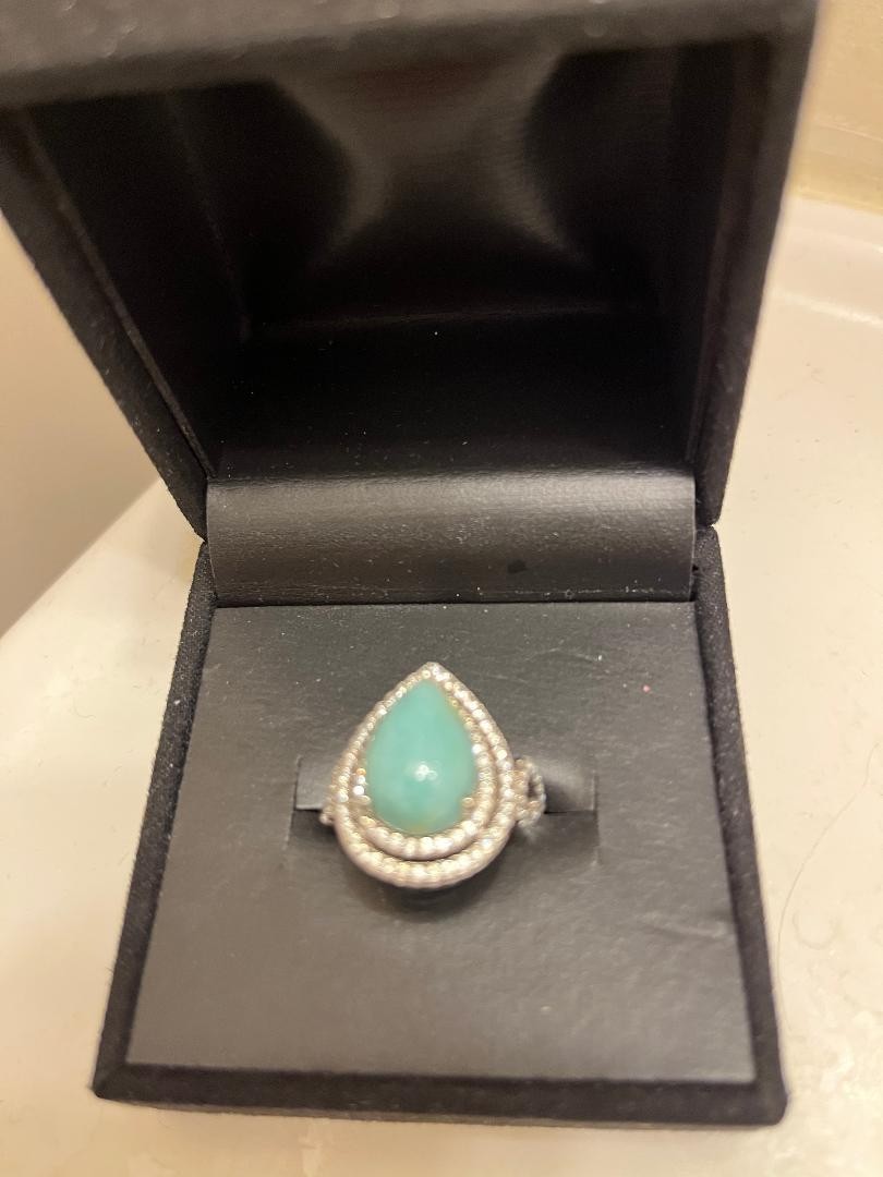 14X10MM Pear Shape Cabochon Larimar with 1.45 CTW White Zircon Ring