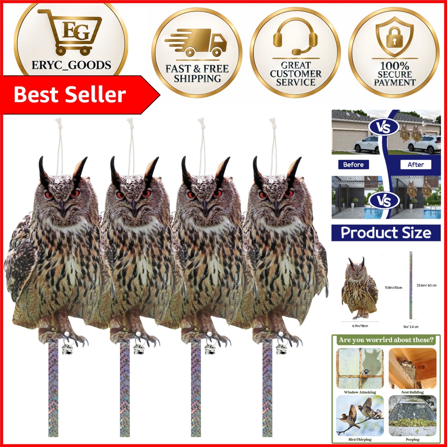 Elegant Black Plastic Owls for Garden Decoration - 4PC Set for Pest Control