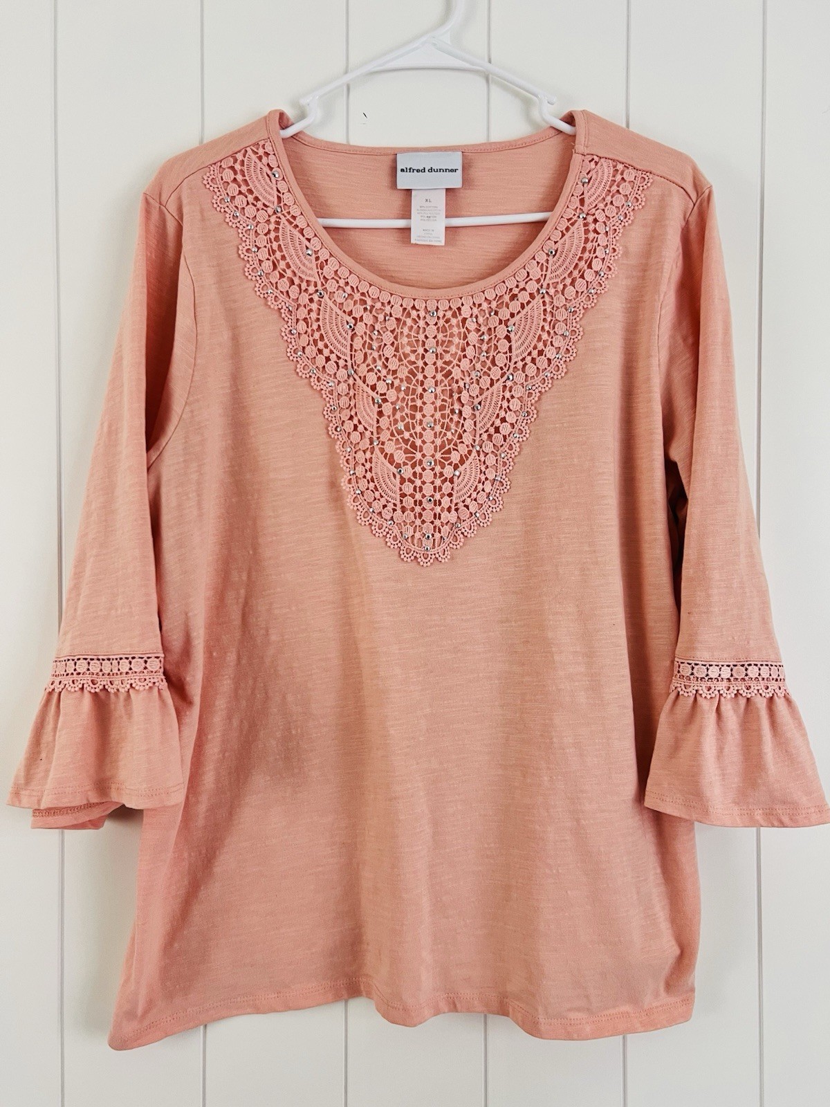 Alfred Dunner Soft Coral Pink Embroidered Bell Sleeve Boho Blouse Cottagecore XL Alfred Dunner Soft Coral Pink Embroidered Bell Sleeve Boho Blouse Cottagecore XL