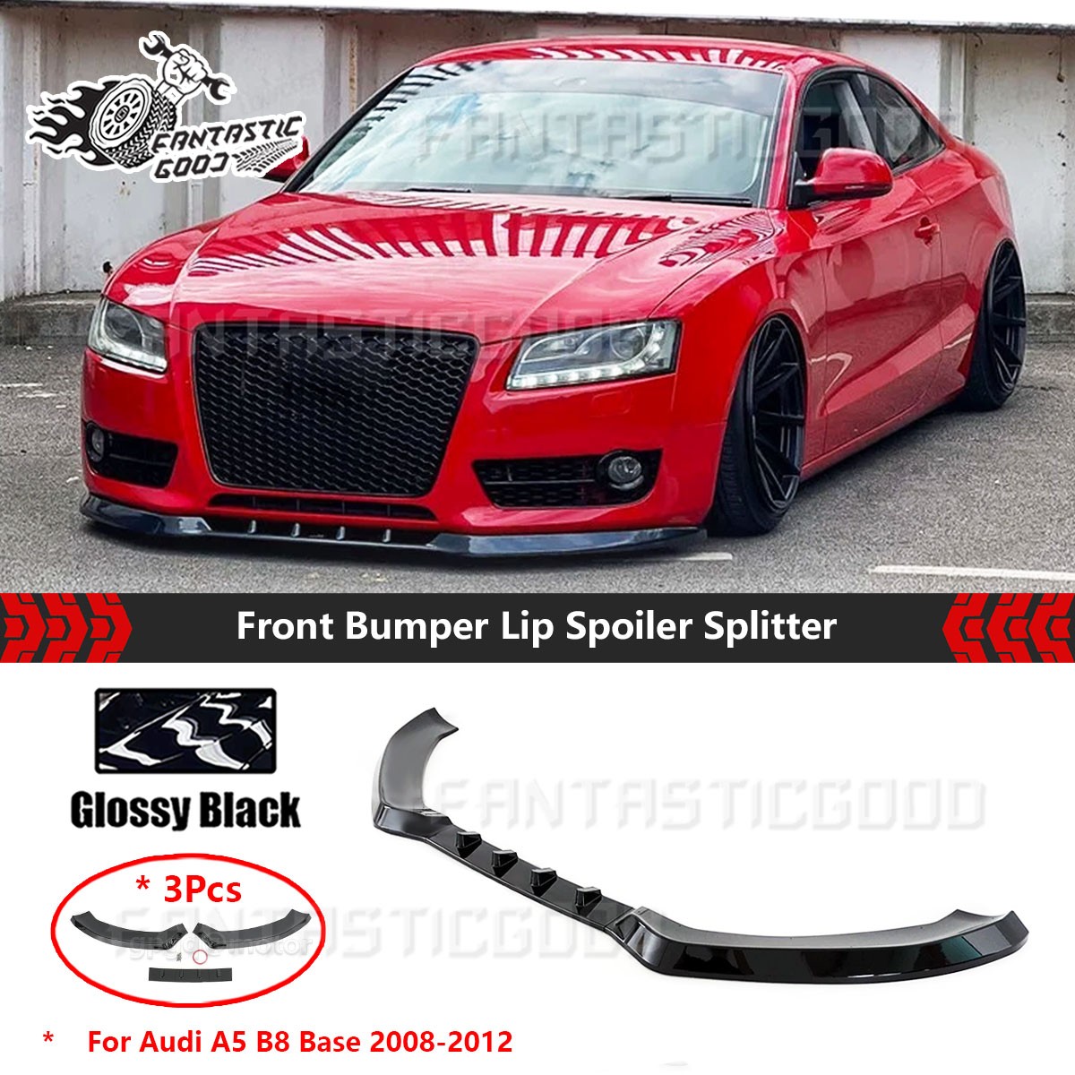 For Audi A5 B8 Base 2008-2012 MX Style Glossy Black Front Bumper Lip Spoiler Kit