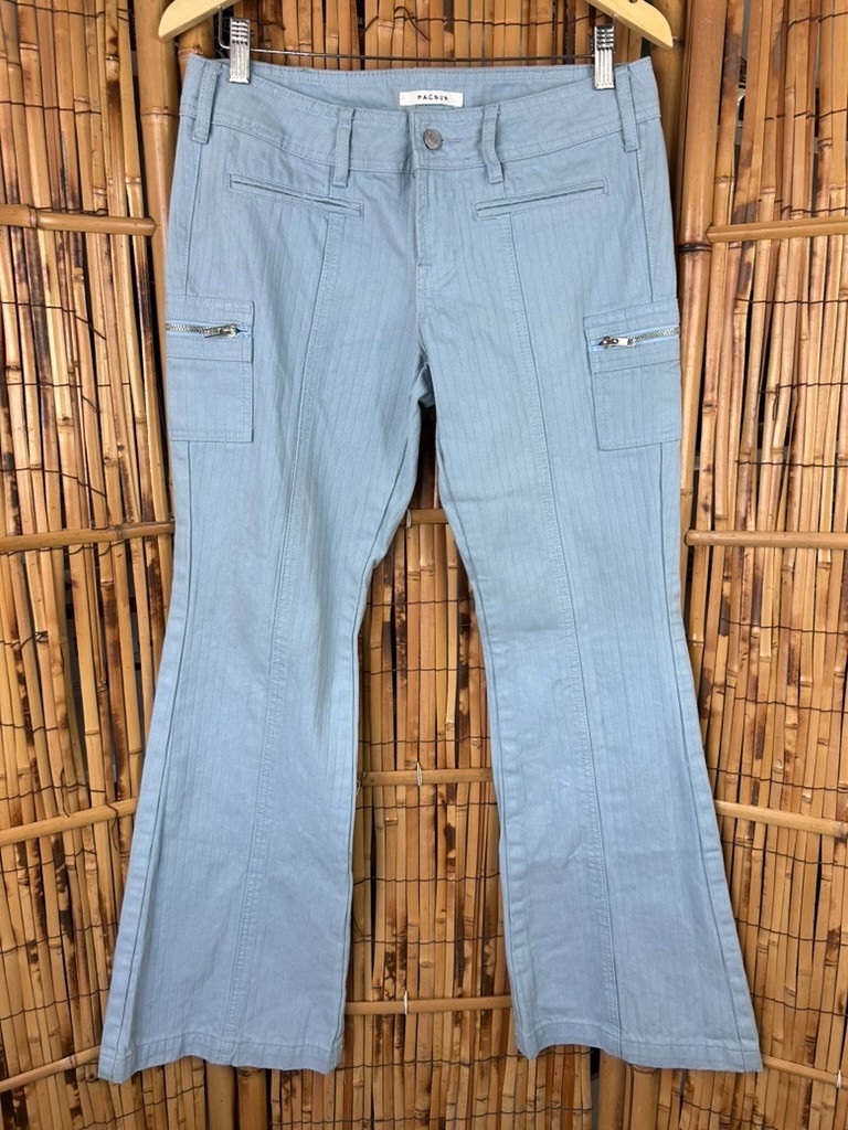 PACSUN Women\'s Jeans Low Rise Cargo Flare Light Blue Striped Y2K Pants Sz 26