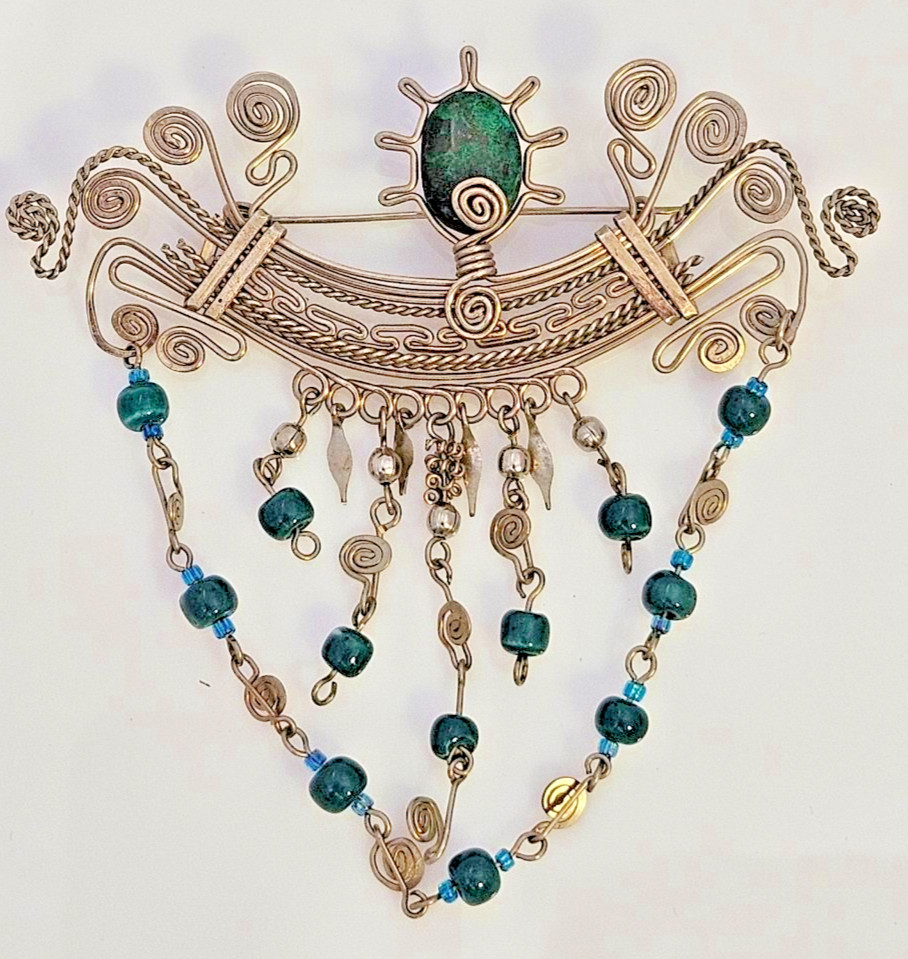 Vintage Peruvian Chrysocolla Wire Wrapped Folk Art Incan Style Charm Brooch 3.5\ Vintage Peruvian Chrysocolla Wire Wrapped Folk Art Incan Style Charm Brooch 3.5\