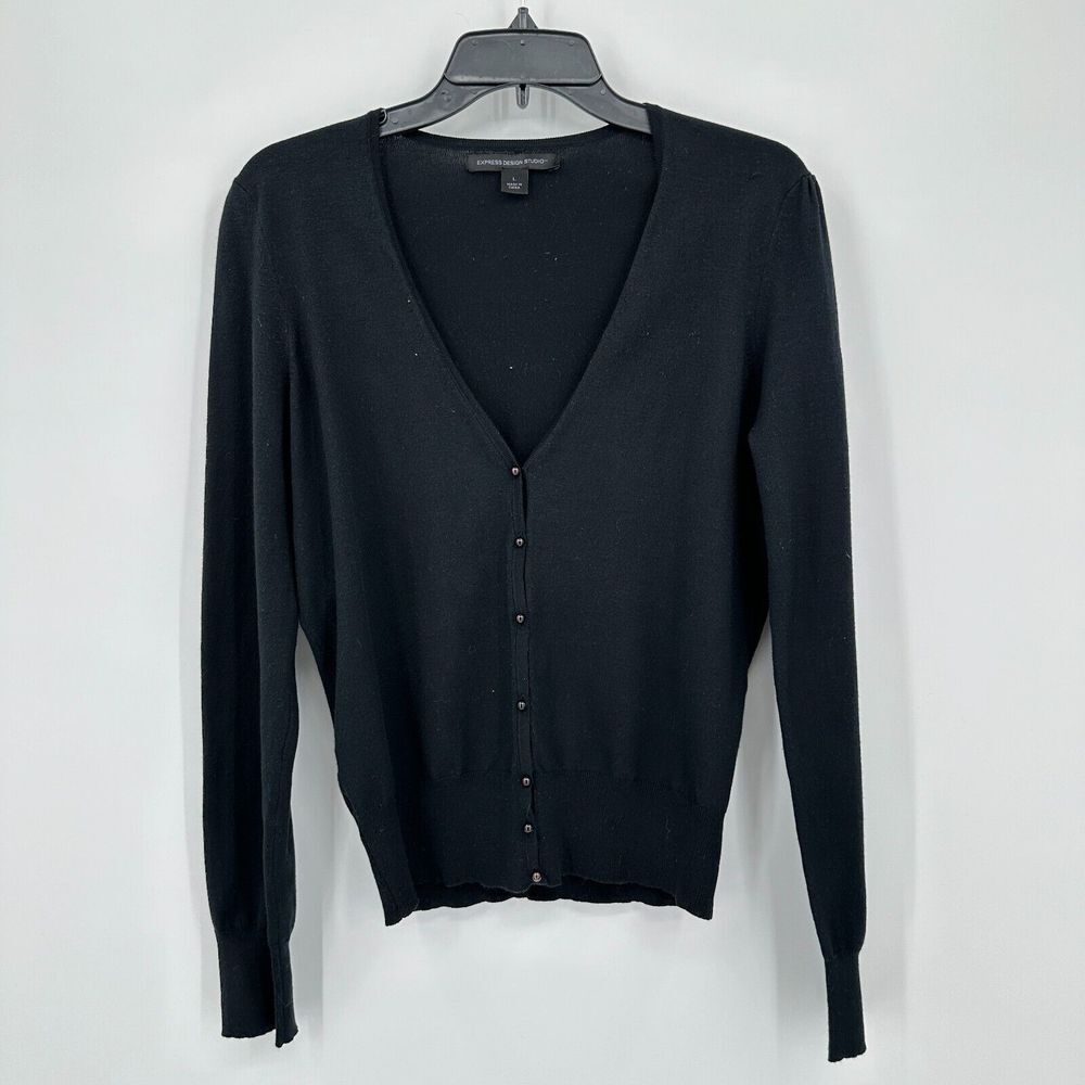 Express Design Studio Sweater Womens L Silk Blend Black Cardigan Office Casual