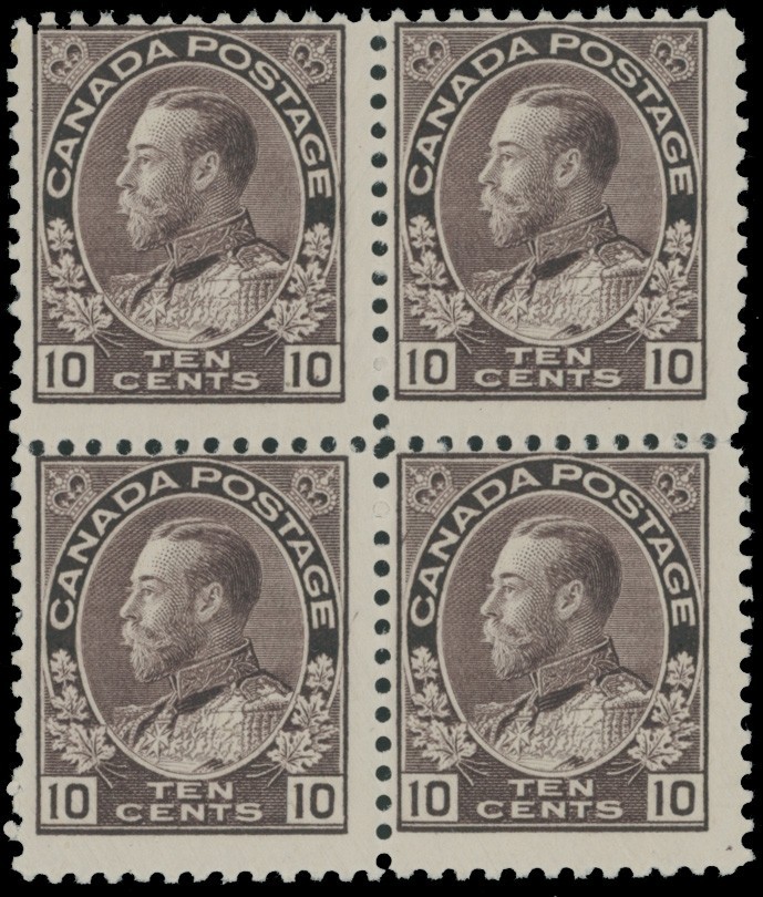 1912 CANADA-KING GEORGE V ADMIRAL 10C PLUM BLOCK OF 4, RARE MULTIPLE, NH, U.#116