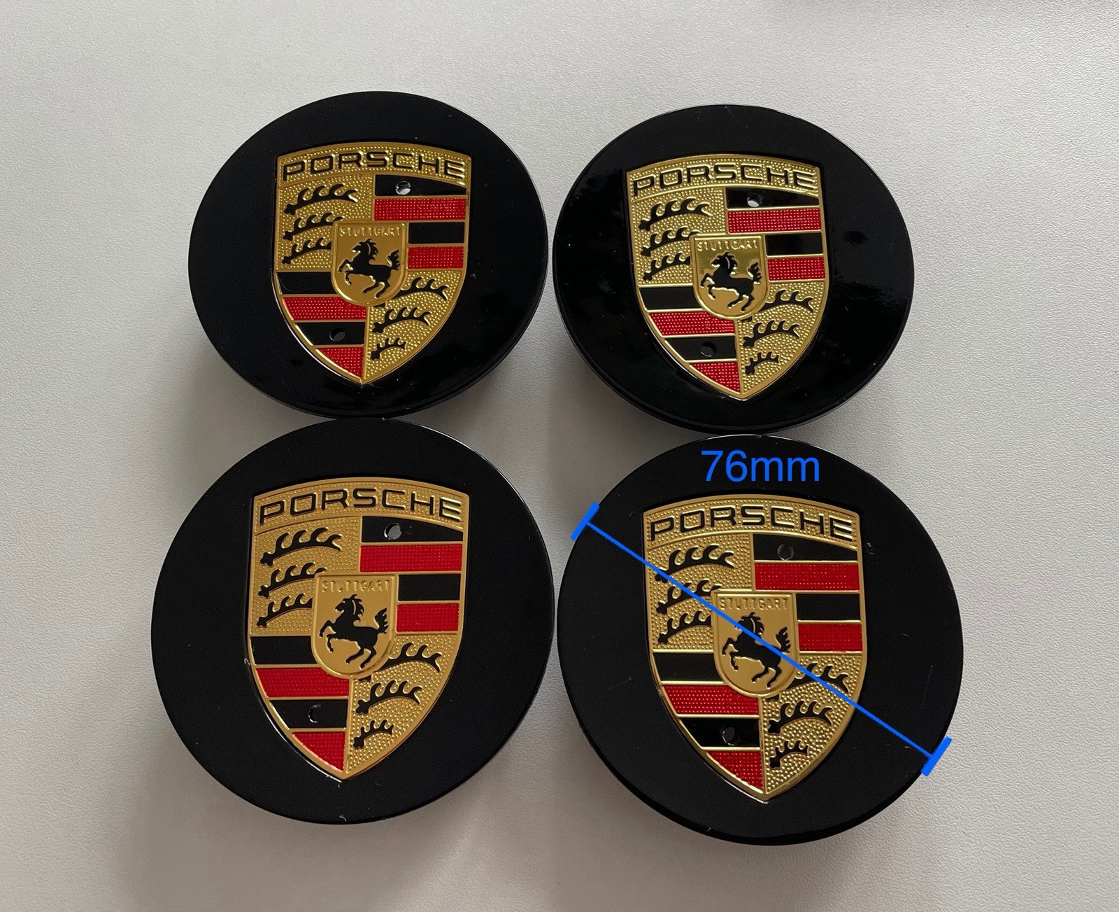 76mm Porsche Center Caps Concave Gloss Black Color Crest (Set Of 4)