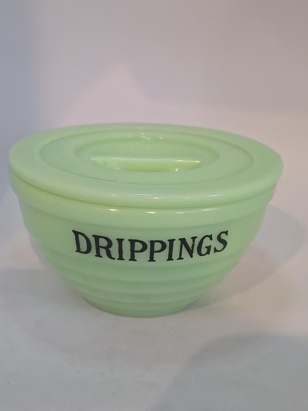 RARE Vintage Uranium Jadeite Glass DRIPPINGS Bowl w/ Lid UV Reactive Green Glow