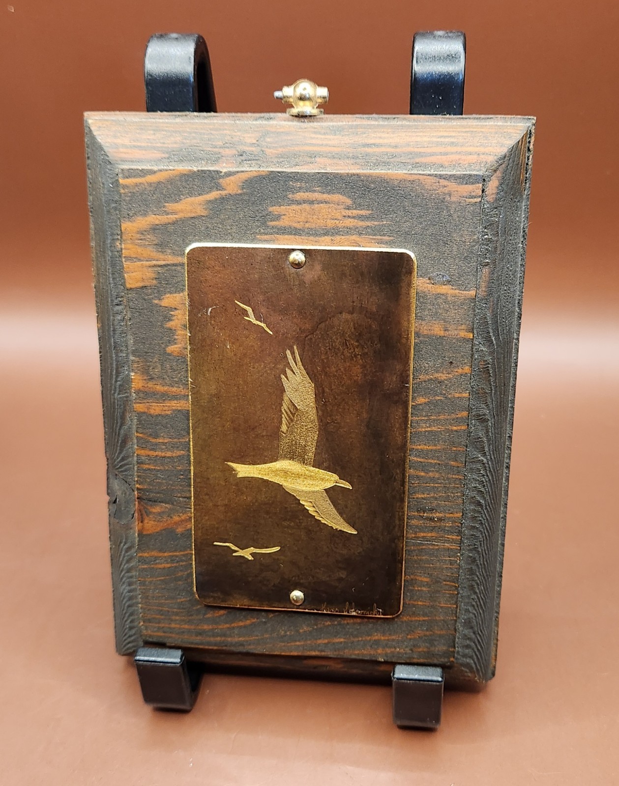 Vintage Hans Scharnickel Signed Brass Seagull Engraving Plaque on Wood Base