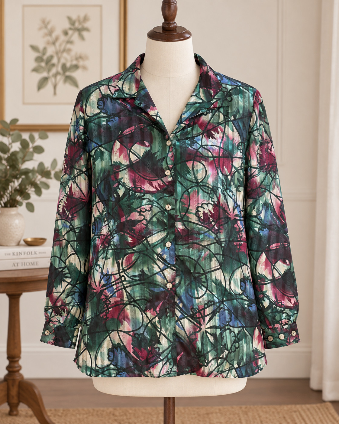 Allison Daley 20W Abstract Floral Button Front Blouse Green Pink Long Sleeve