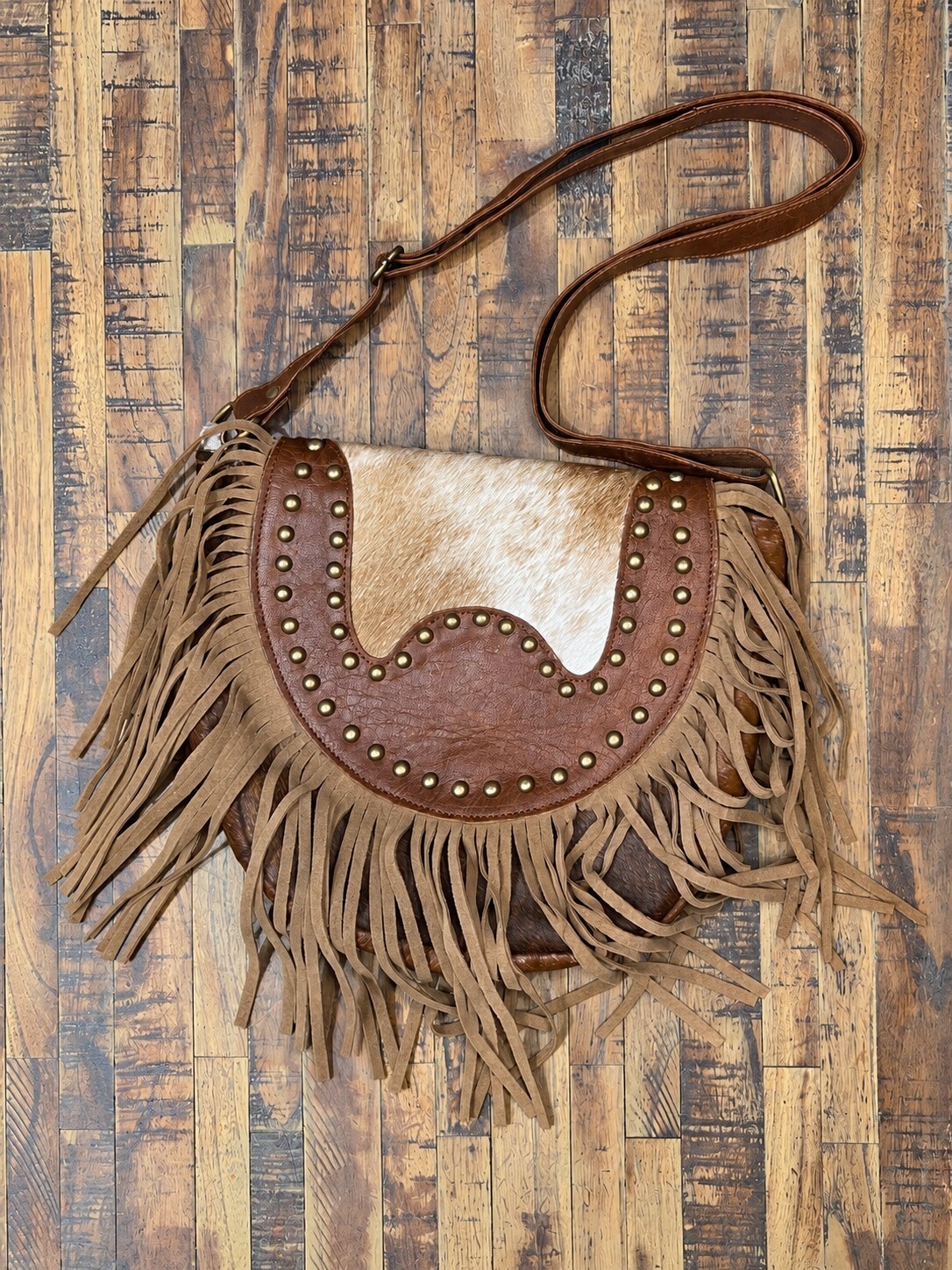 Genuine Cowhide Leather Fringe Studded Western Crossbody Bag