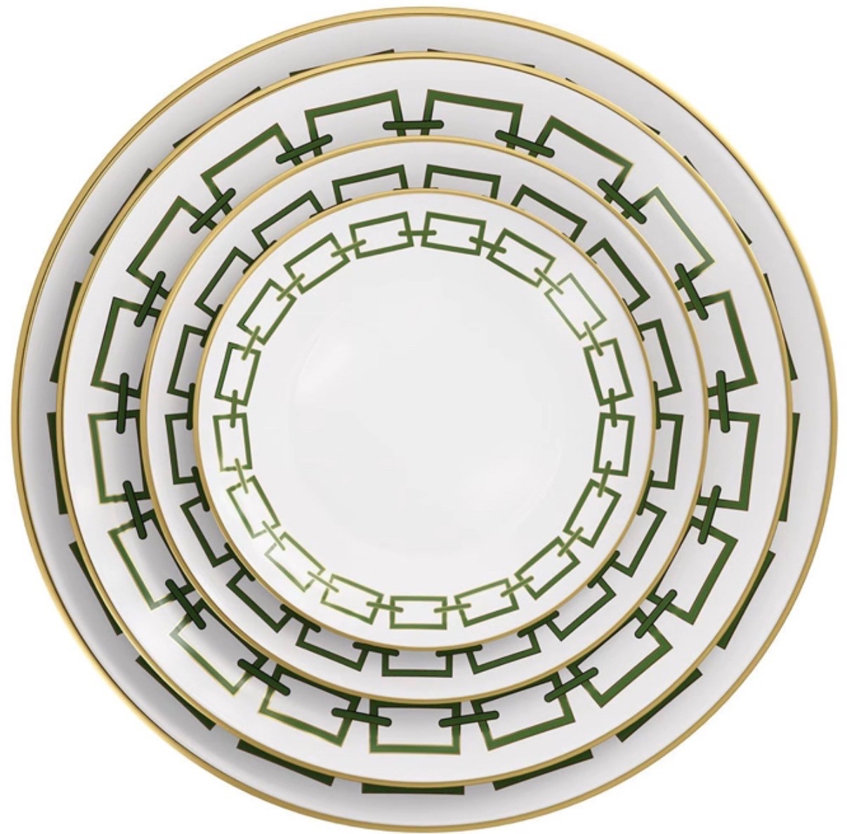 Luxury Equestrian Green Chain & 24k Rim Gold Bone China | 12-Piece Setting