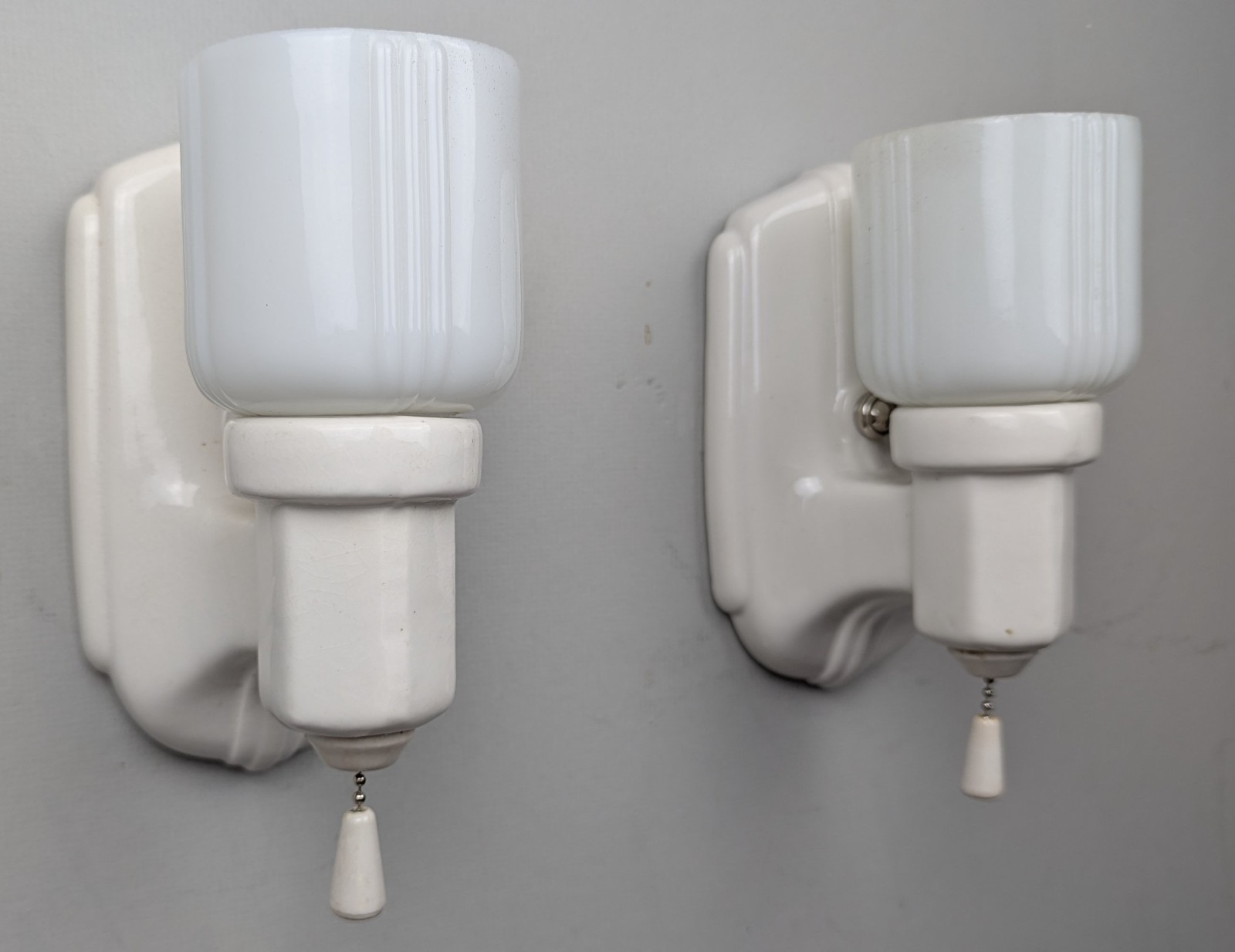 Restored Pair Porcelier Art Deco-MCM Porcelain Sconces with Opal Glass Shades