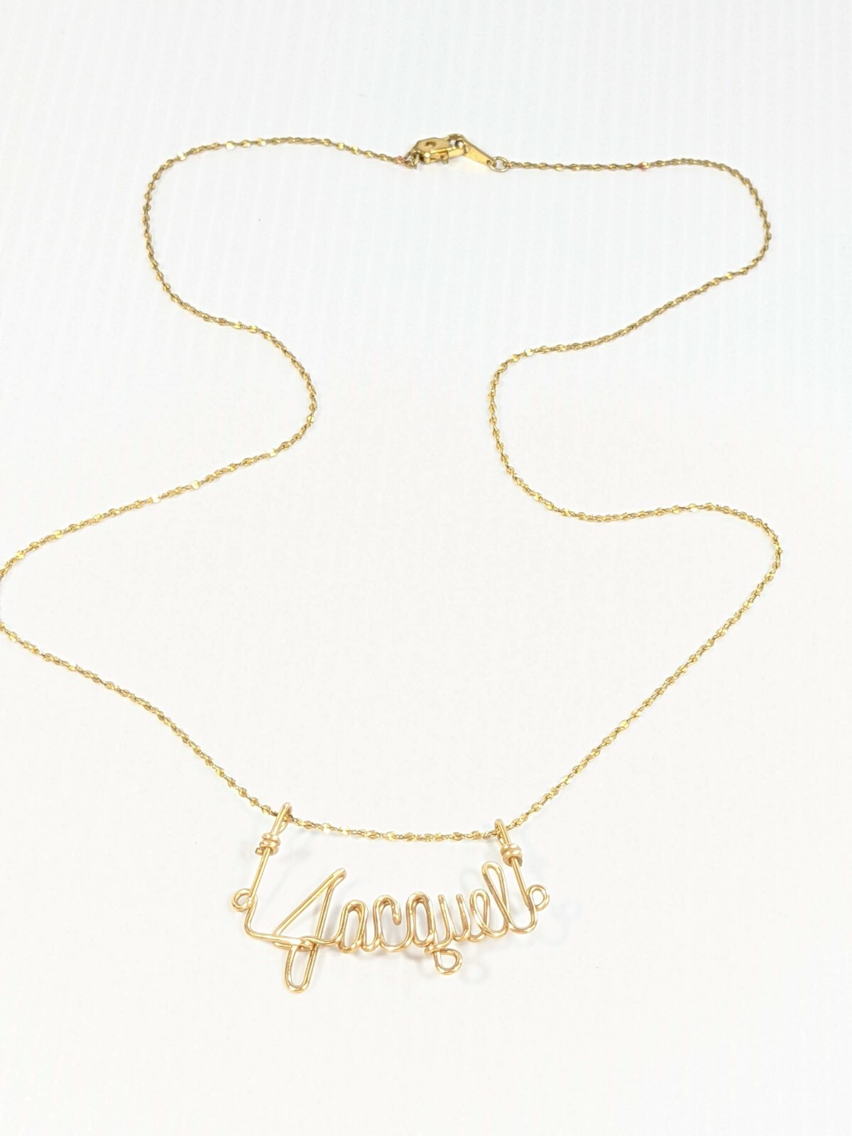 Gold Tone Wire Wrap Name Jacquel Pendant 20 inch Vintage Chain Necklace
