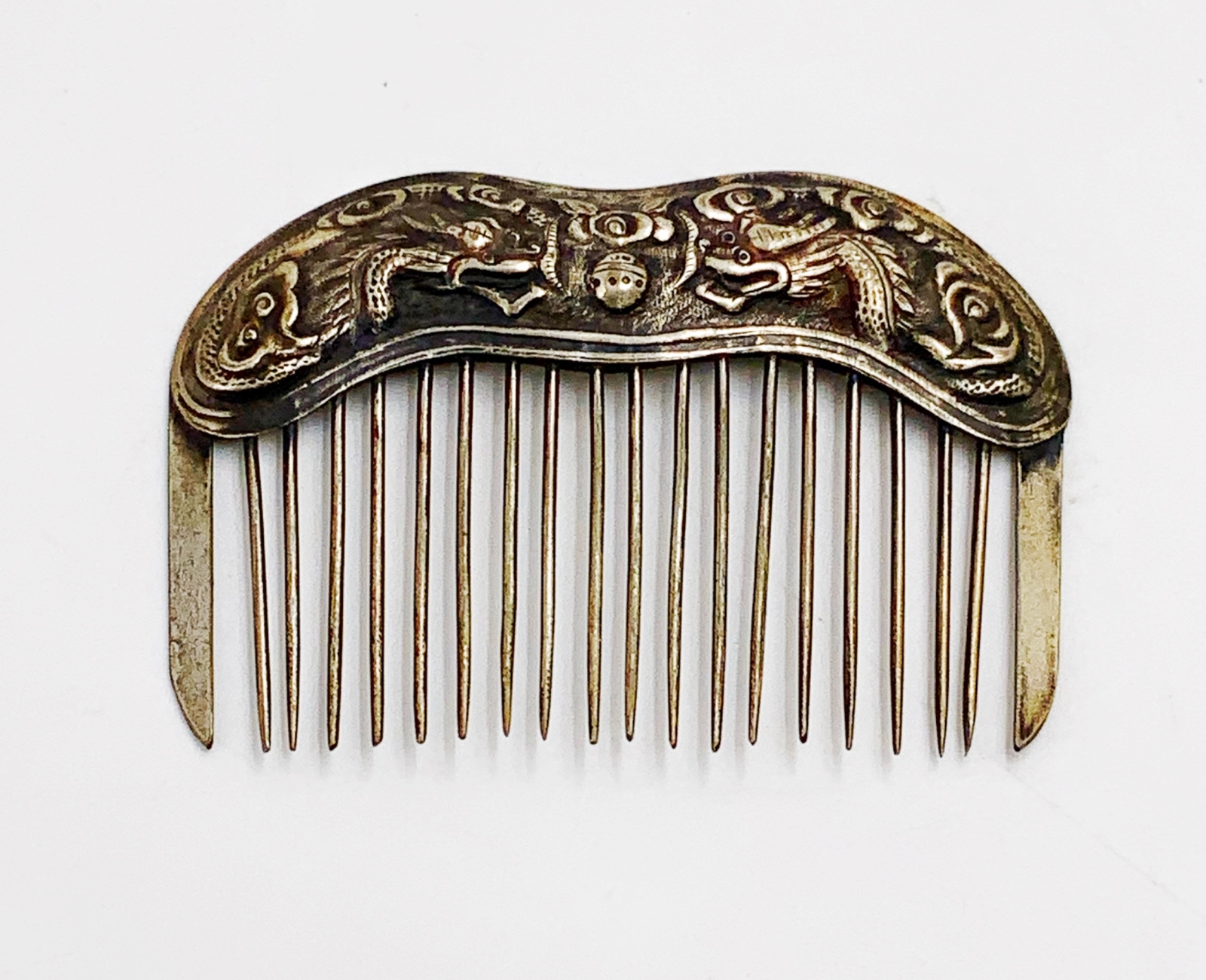 Antique Chinese export silver hair comb Dragons chasing pearl Repousse