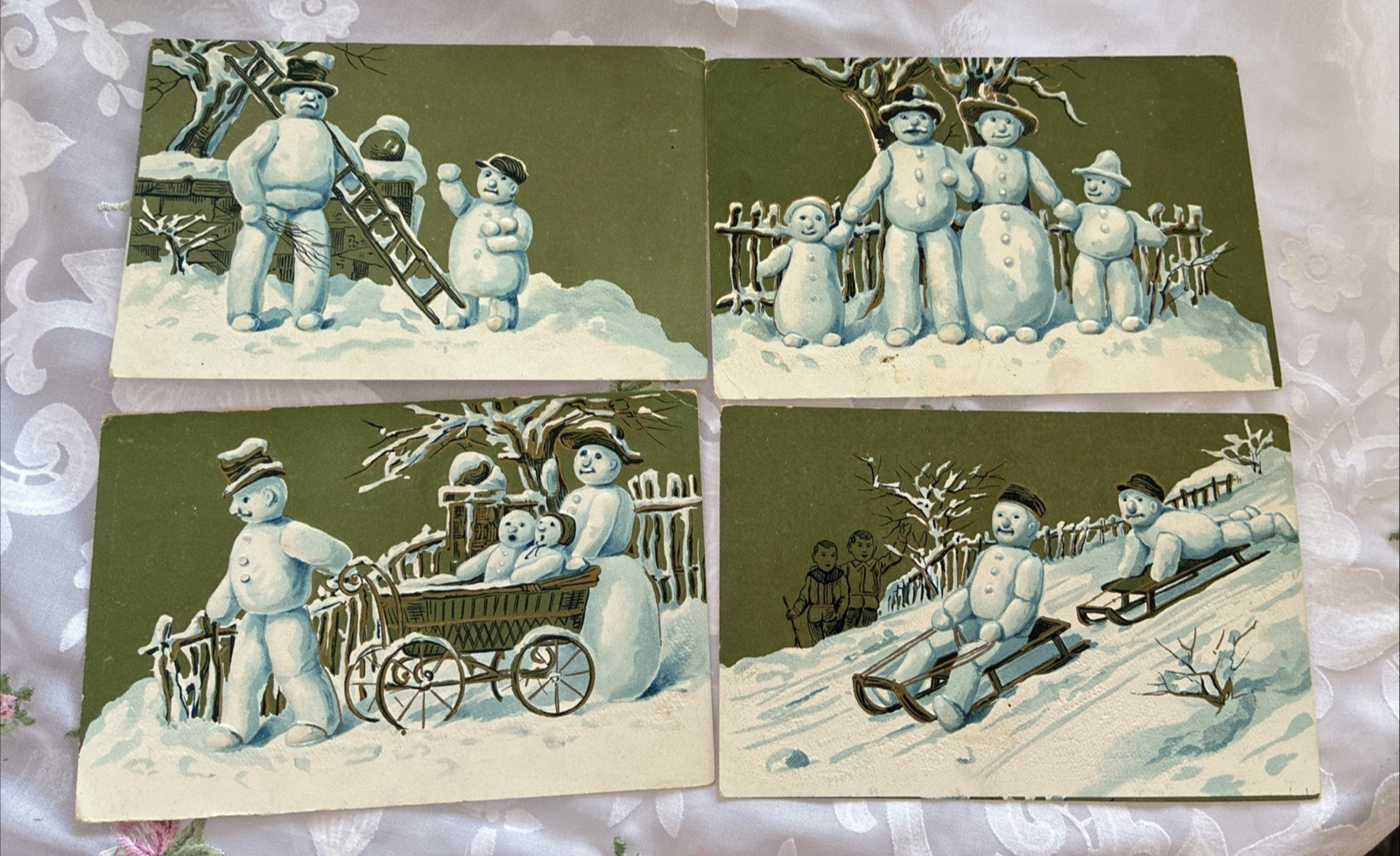 4 Antique German Embossed Postcards Snowman Children family Winter Scene 4 Antique German Embossed Postcards Snowman Children family Winter Scene