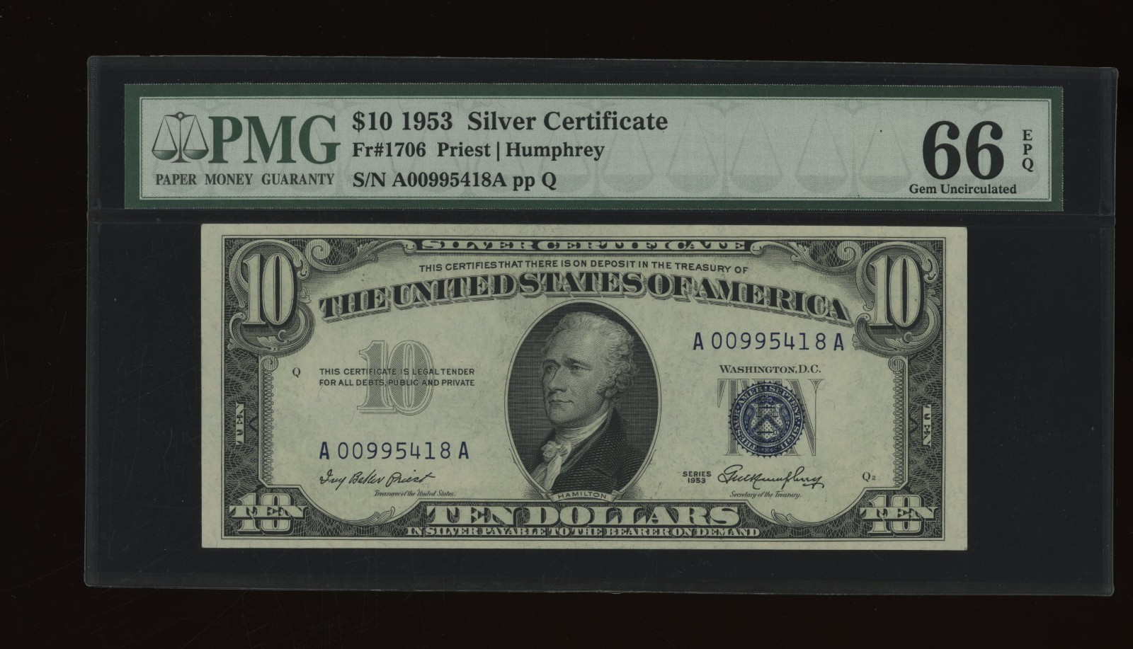 DBR 1953 $10 Silver Gem Fr. 1706 PMG 66 EPQ Serial A00995418A