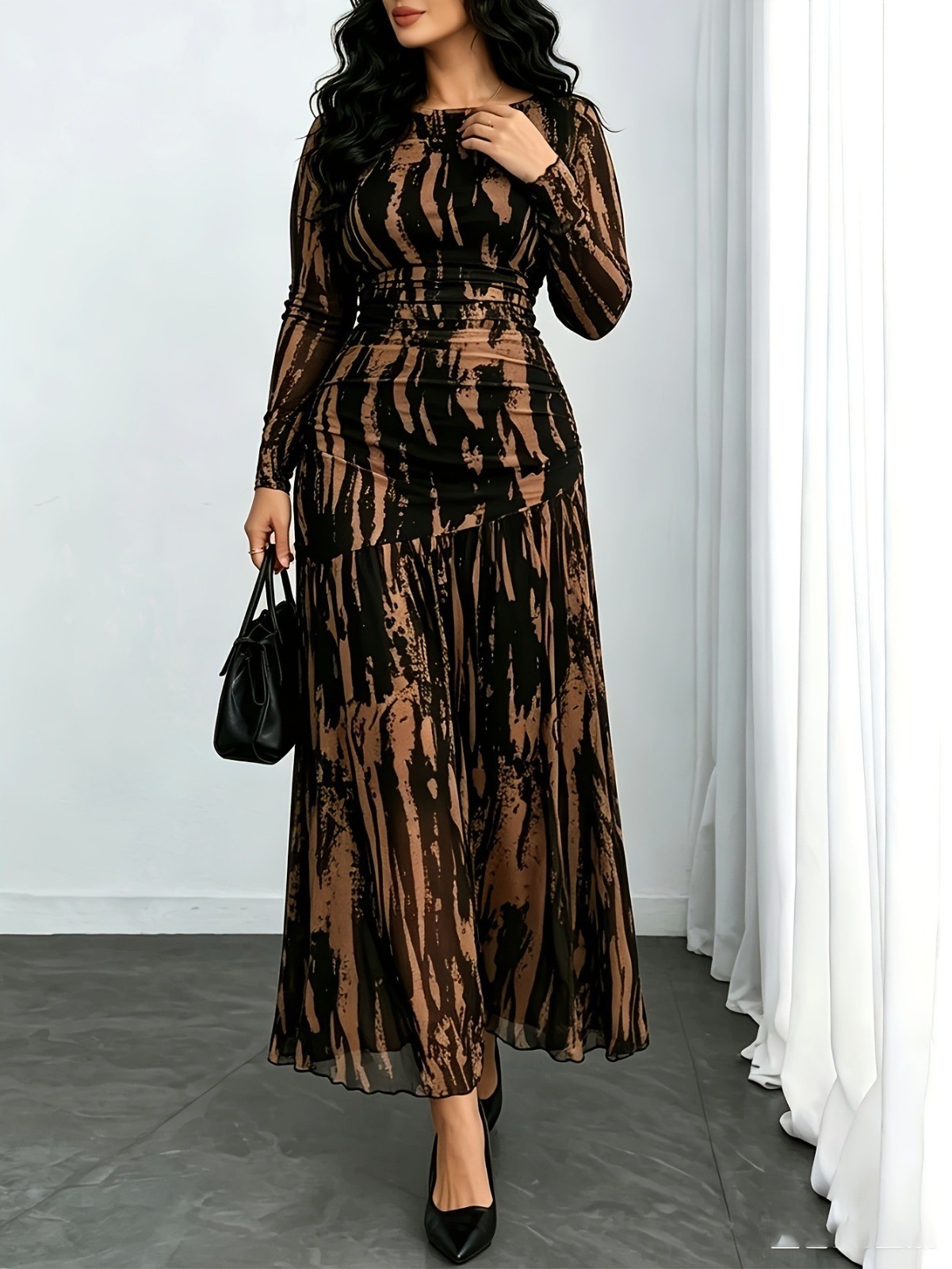 Women’s Long Sleeve Printed Maxi Dress Waist Cinching Casual Party Dress Women’s Long Sleeve Printed Maxi Dress Waist Cinching Casual Party Dress