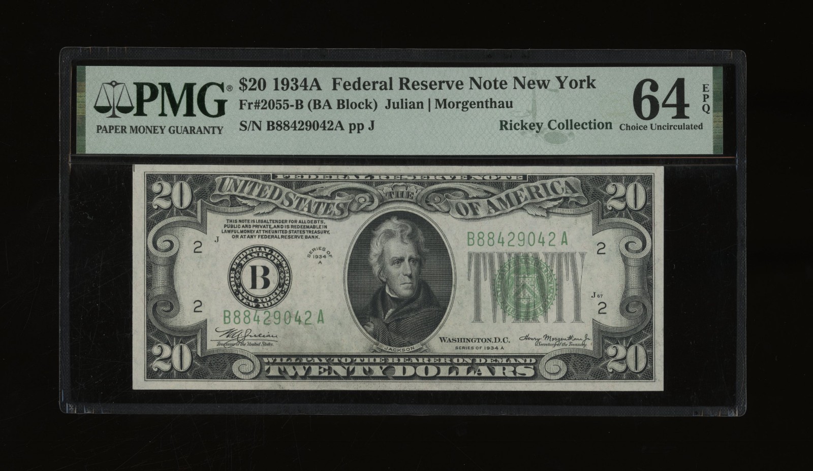 DBR 1934-A $20 FRN New York Fr. 2055-B PMG 64 EPQ Serial B88429042A