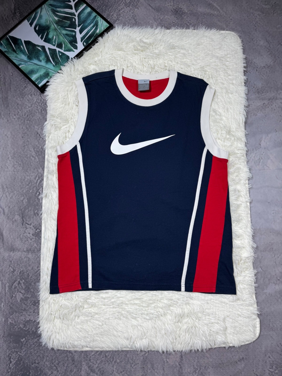 Vintage Nike Swoosh Center Logo Tank Top Mens Size M Navy Red White Basketball