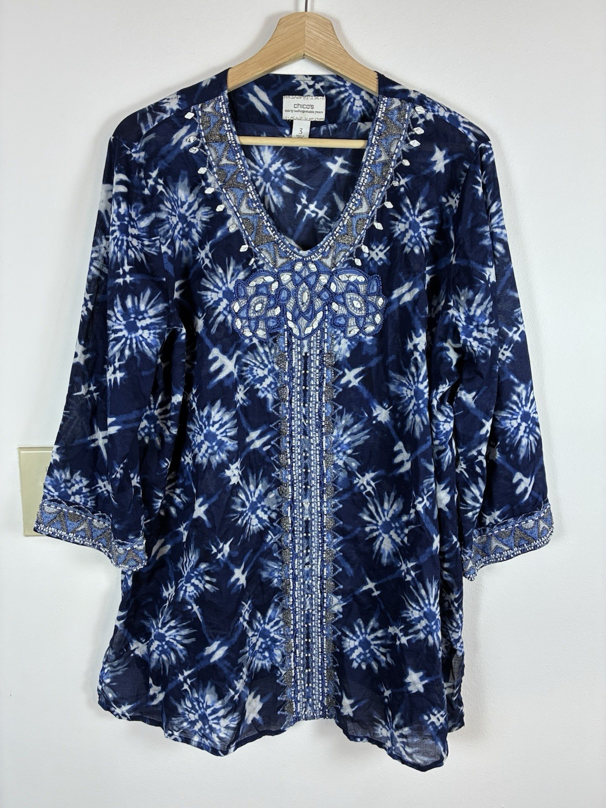Chico’s Tunic Top Blue Beaded Tie Dye 3(XL) 3/4 Sleeve Cotton Boho