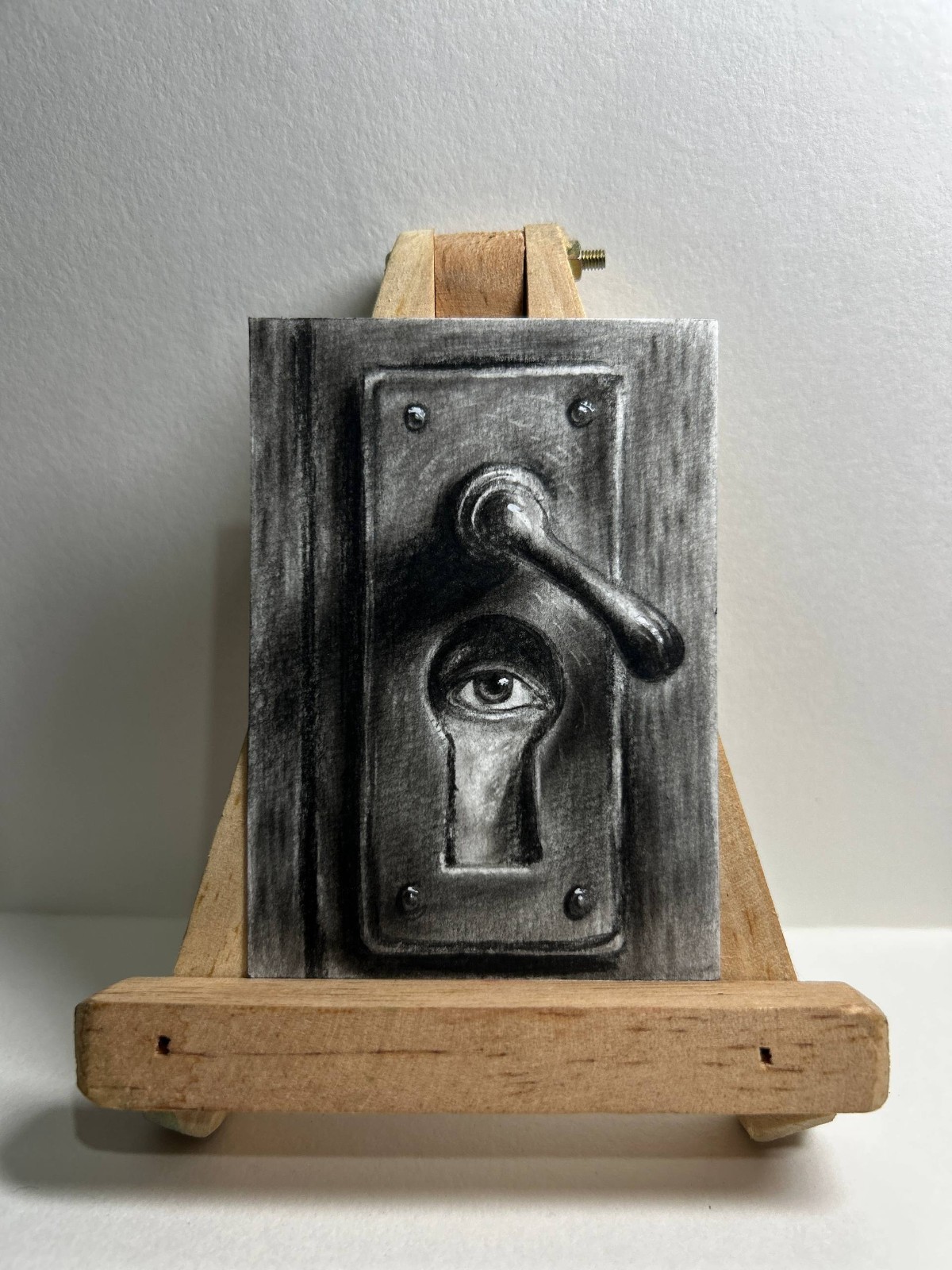 Original ACEO Pencil Charcoal Drawing Eye Keyhole Door Surreal Dark Art OOAK