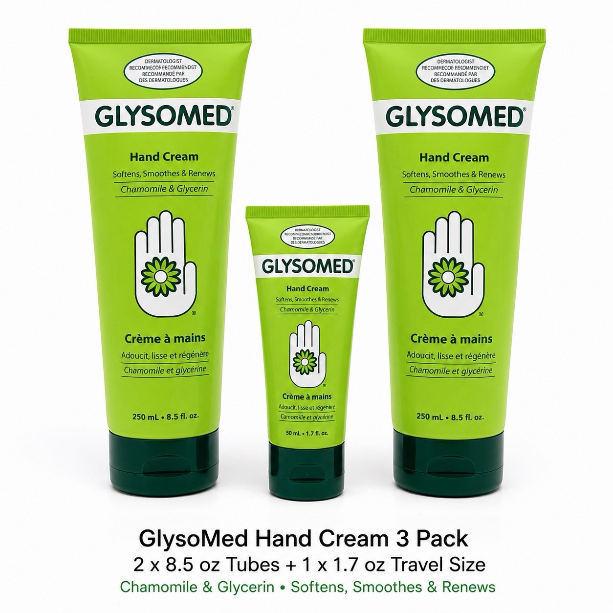GlysoMed Moisture Hand Cream 3 Pack 2 x 8.5 oz + 1 x 1.7 oz Chamomile Glycerin GlysoMed Moisture Hand Cream 3 Pack 2 x 8.5 oz + 1 x 1.7 oz Chamomile Glycerin