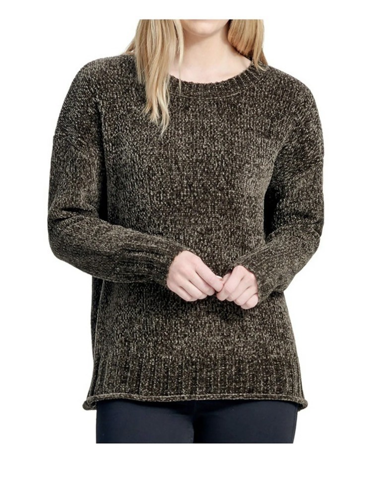 Seven7 Dark Olive Green Chenille Crew Neck Sweater Womens M Cozy Slouchy Grunge