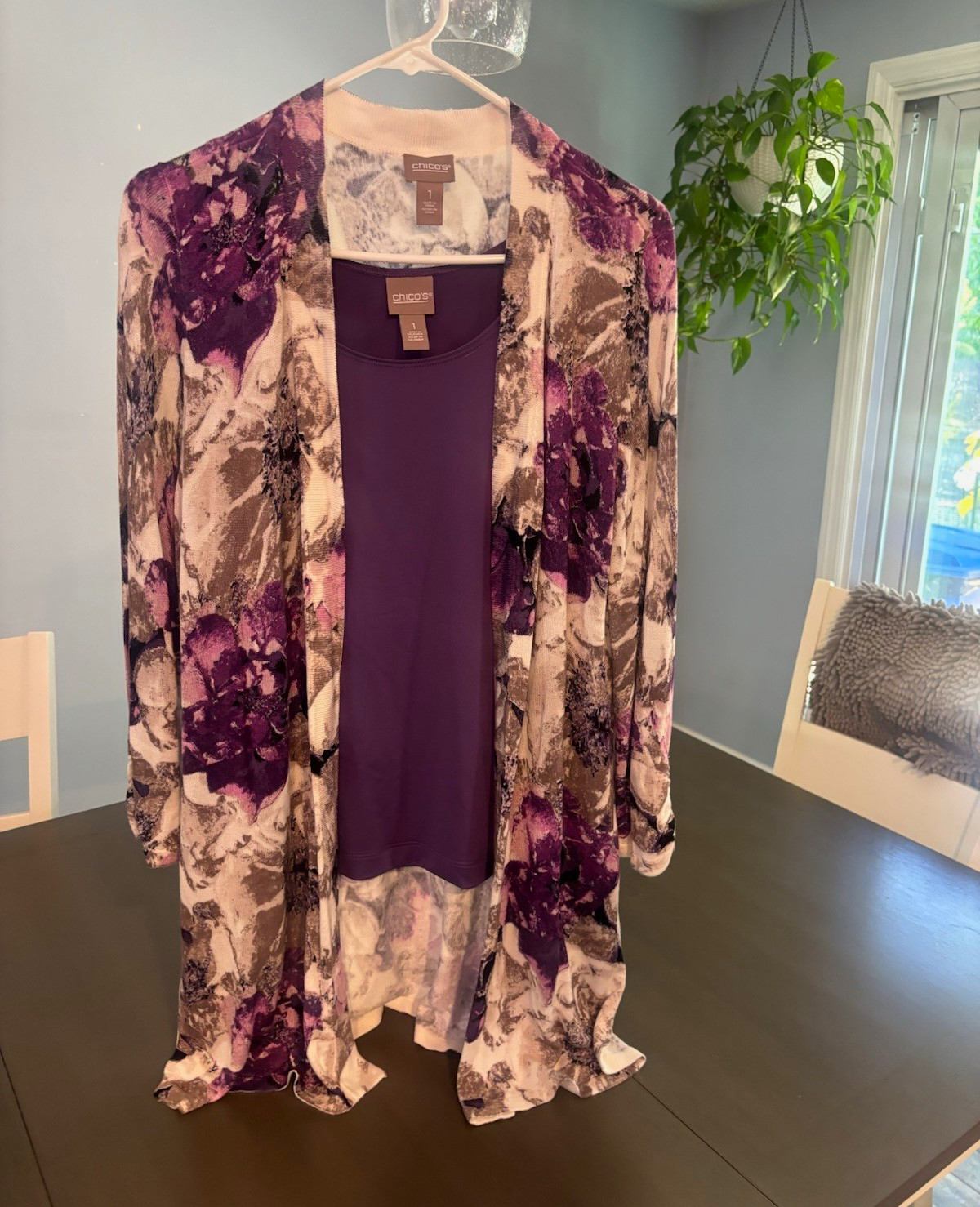 Chico\'s Women\'s Knit Pullover Tank & Floral Cardigan Purple Sz 1, 2 Pieces