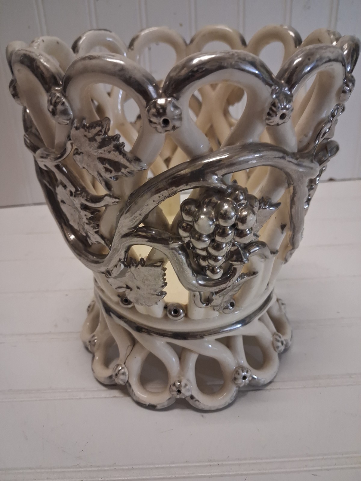 RARE Antique 19thC French Langeais Openwork Jardiniere Boissimon Platinum Grape RARE Antique 19thC French Langeais Openwork Jardiniere Boissimon Platinum Grape