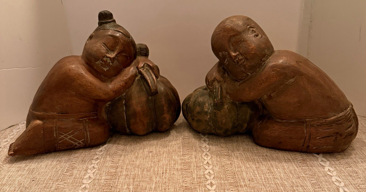 Vintage Hand Carved Wood Asian Children Figurines Sleeping on Gourd Figurines Vintage Hand Carved Wood Asian Children Figurines Sleeping on Gourd Figurines