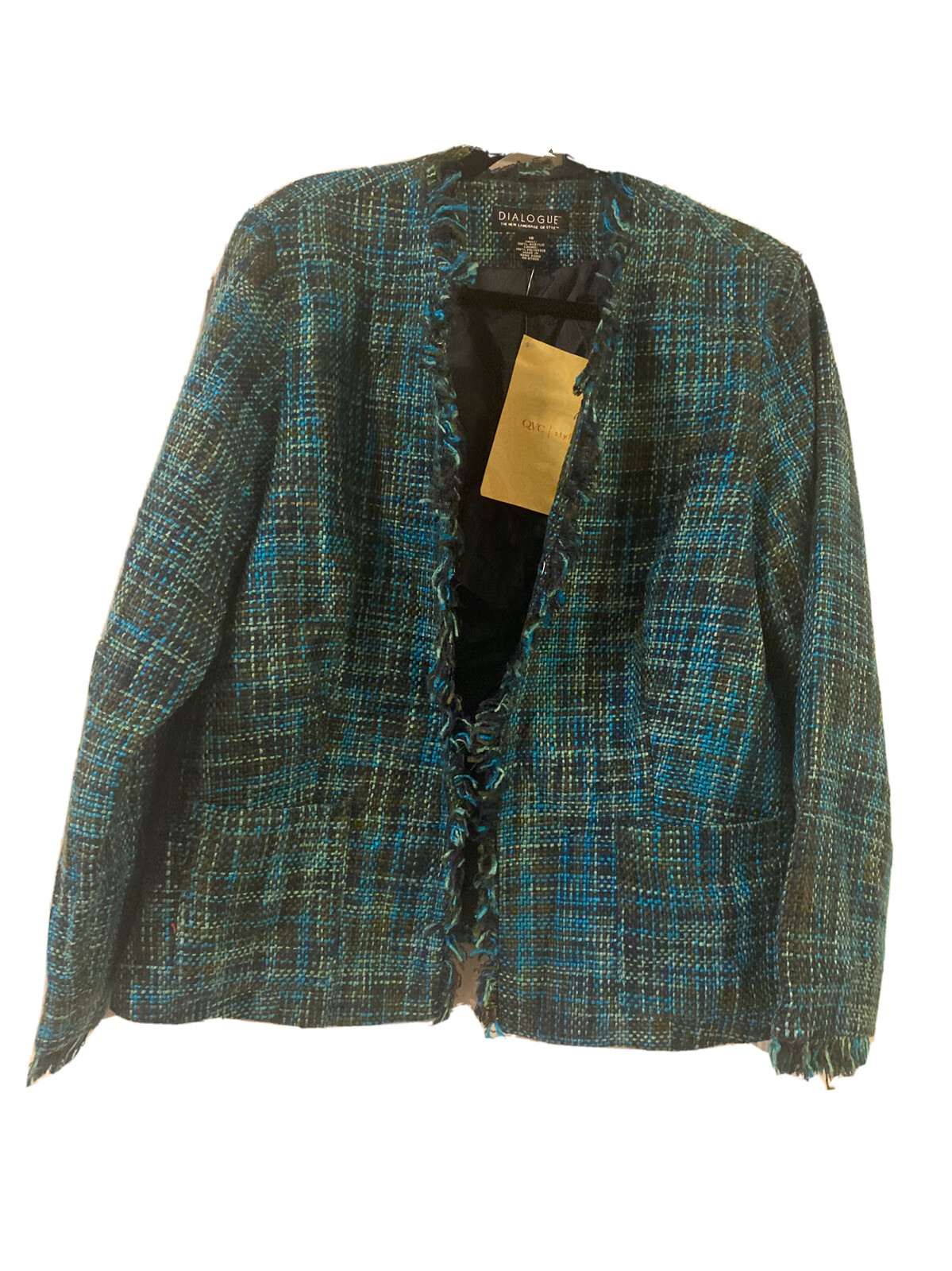 NWT-DIALOGUE QVC Plaid Jacket  Blazer Fringed Front & Sleeve Multicolored Sz 16
