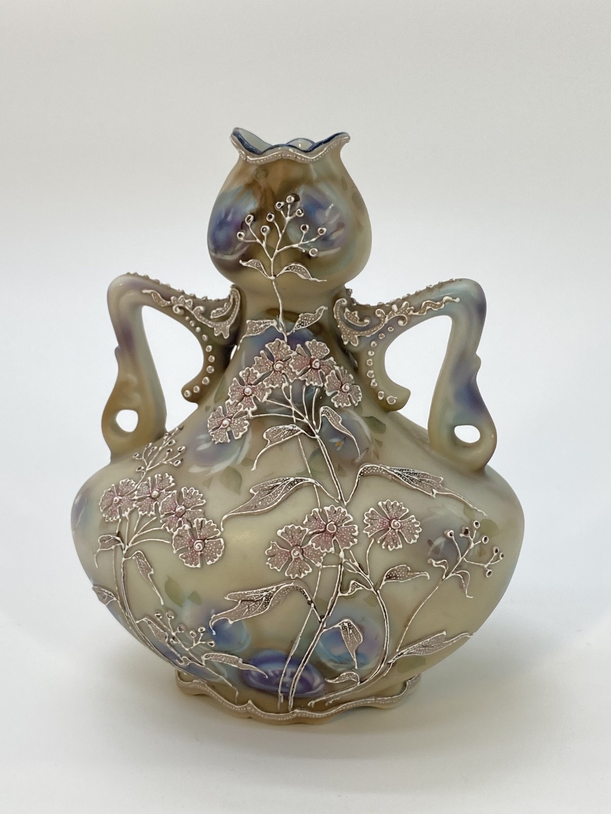 Antique Hand Painted Porcelain Nippon Moriage Double Handle Vase 7.25